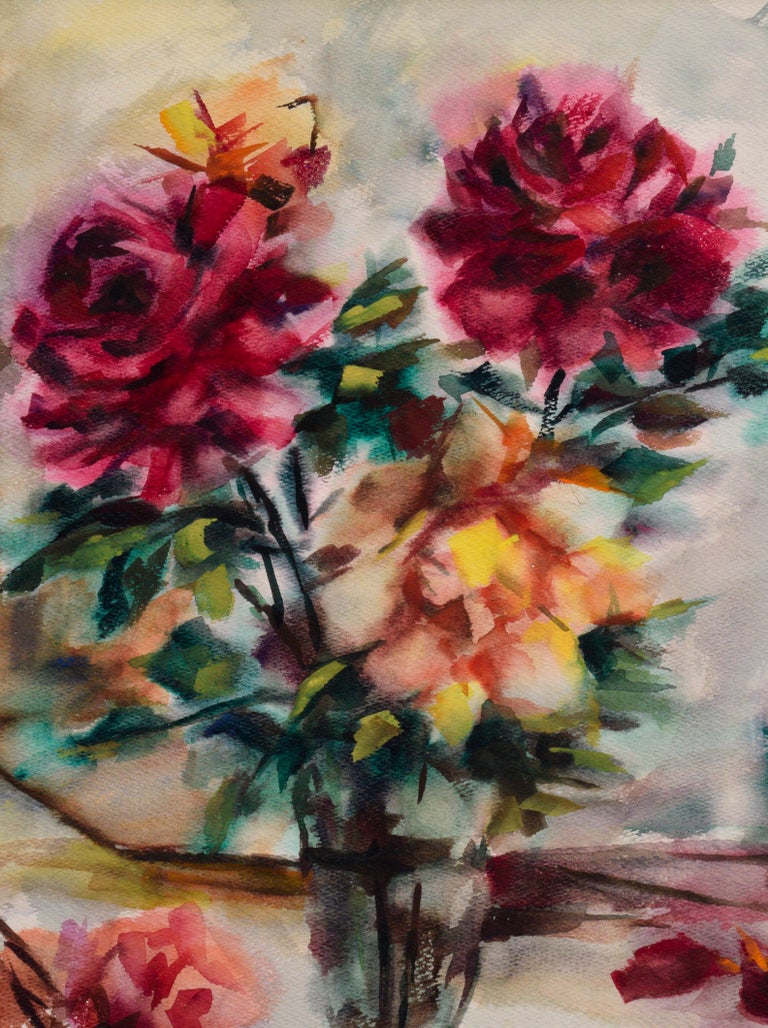 Mid Century Pink Roses Floral Bouquet Still Life Watercolor  - American Impressionist Art by Celia B Michelena