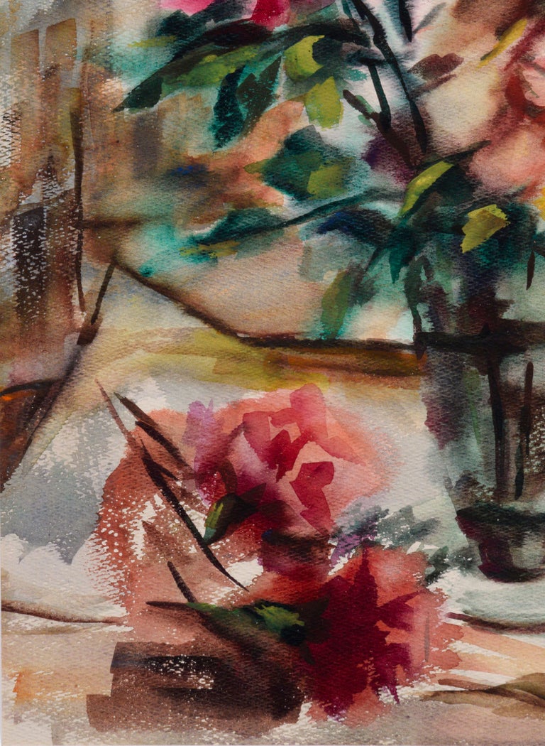 Vibrant mid-century watercolor still-life of bright pink roses with petals falling on the table by Celia B. Michelena (American/Mexican, 1910-2006). Signed 
