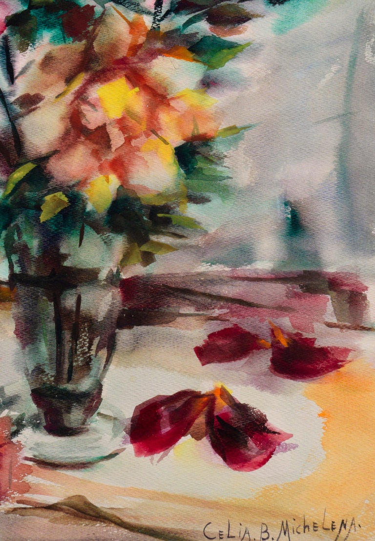 Mid Century Pink Roses Floral Bouquet Still Life Watercolor  - Black Interior Art by Celia B Michelena