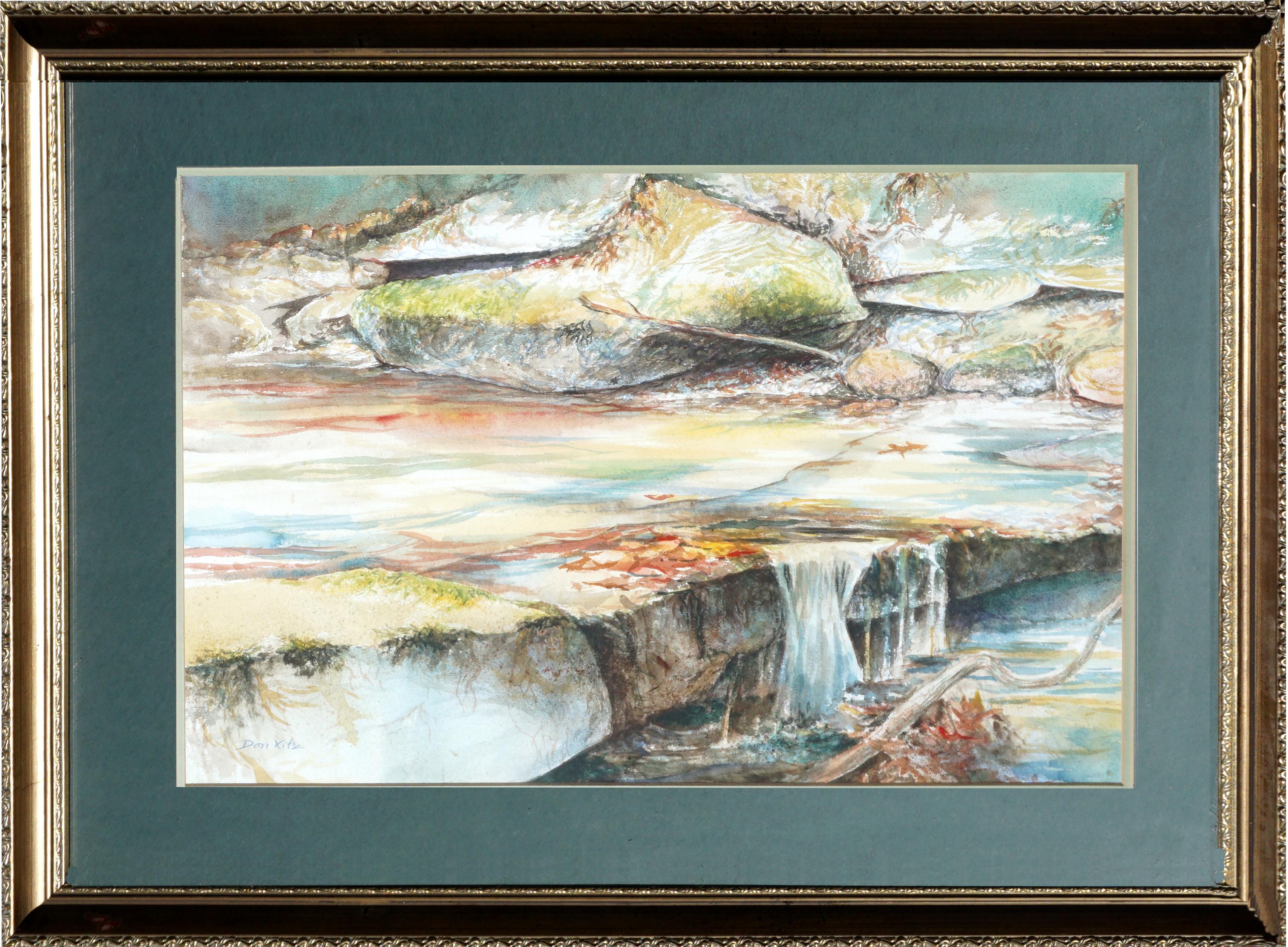 Vintage Watercolor Landscape -- Falling Water, Peaceful Forest Stream 