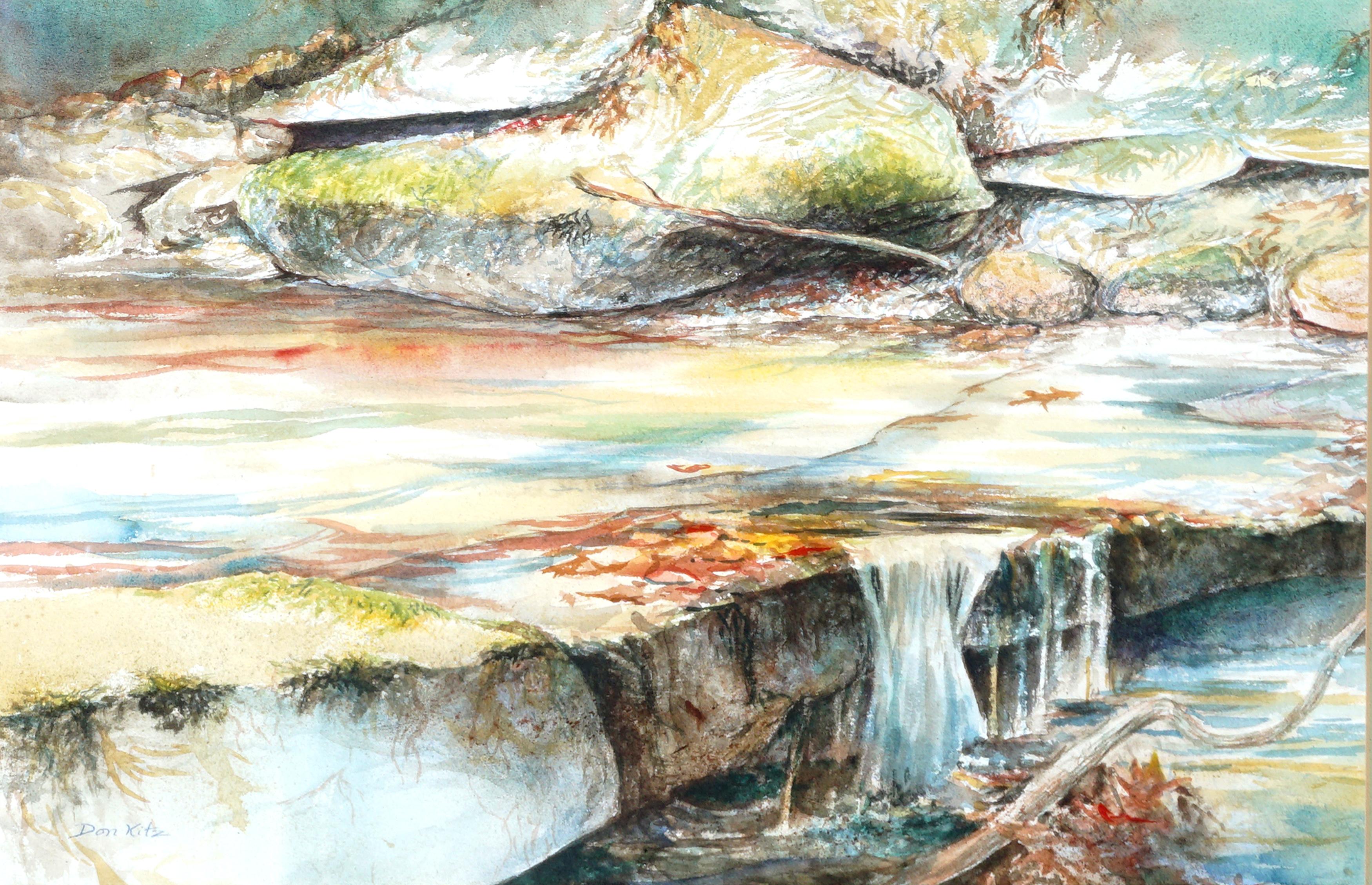 Aquarelle vintage - Paysage en eau tombée, Chemin de forêt paisible  - Art de Don Kitz