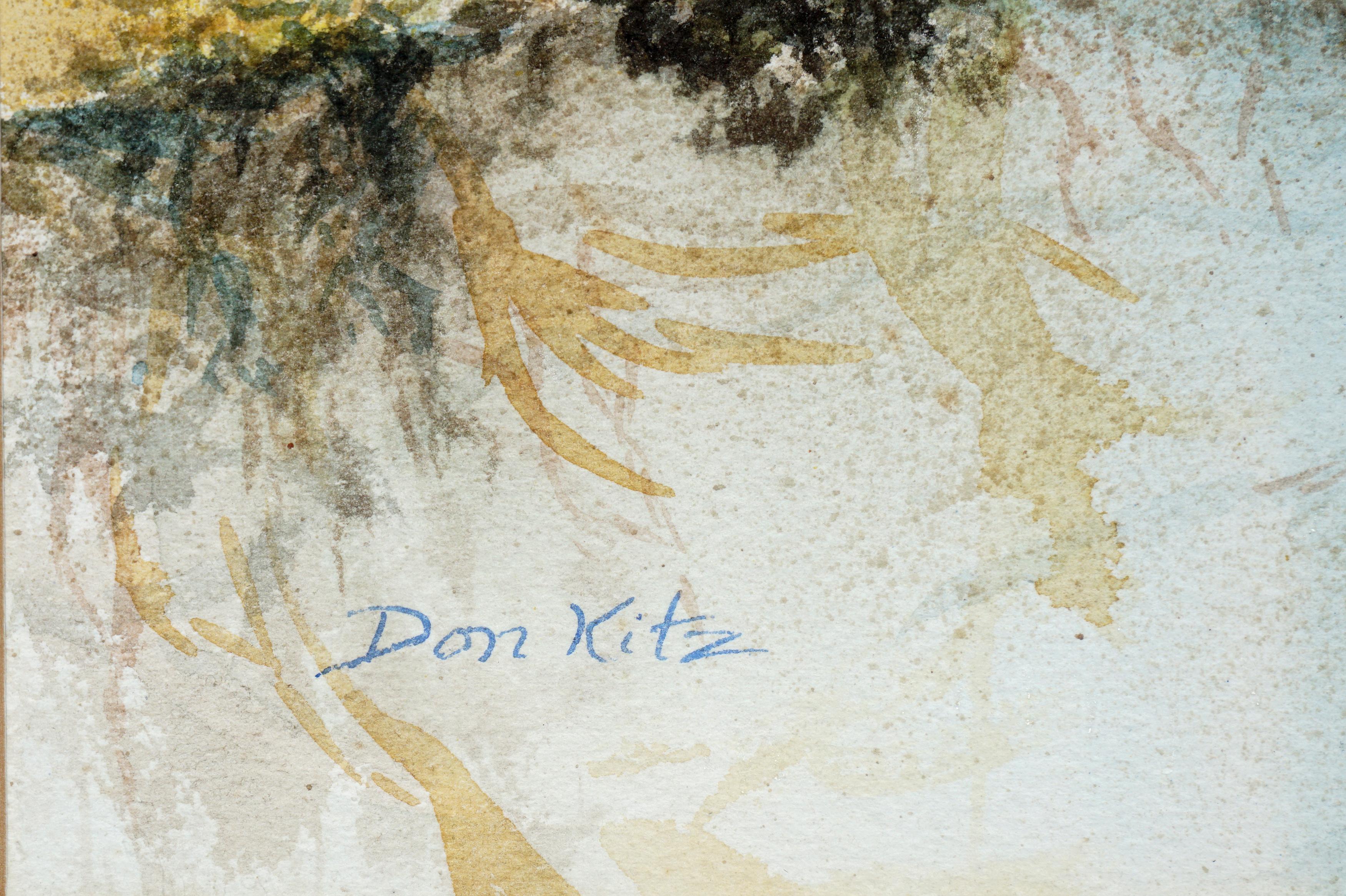 Aquarelle vintage - Paysage en eau tombée, Chemin de forêt paisible  - Impressionnisme américain Art par Don Kitz