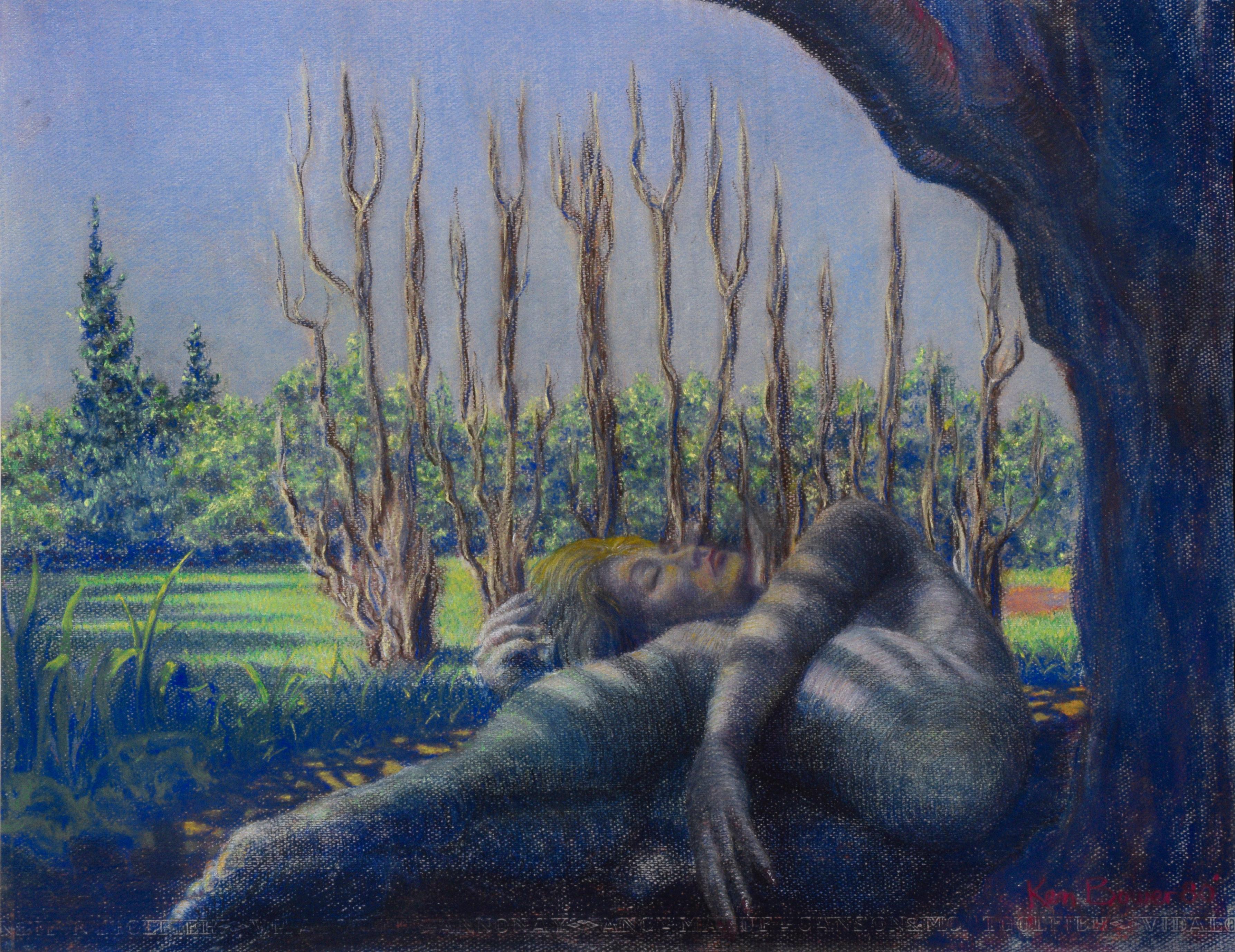 Vintage Figurative Landscape -- Sleeping Among the Trees  - Art by Ken Bower