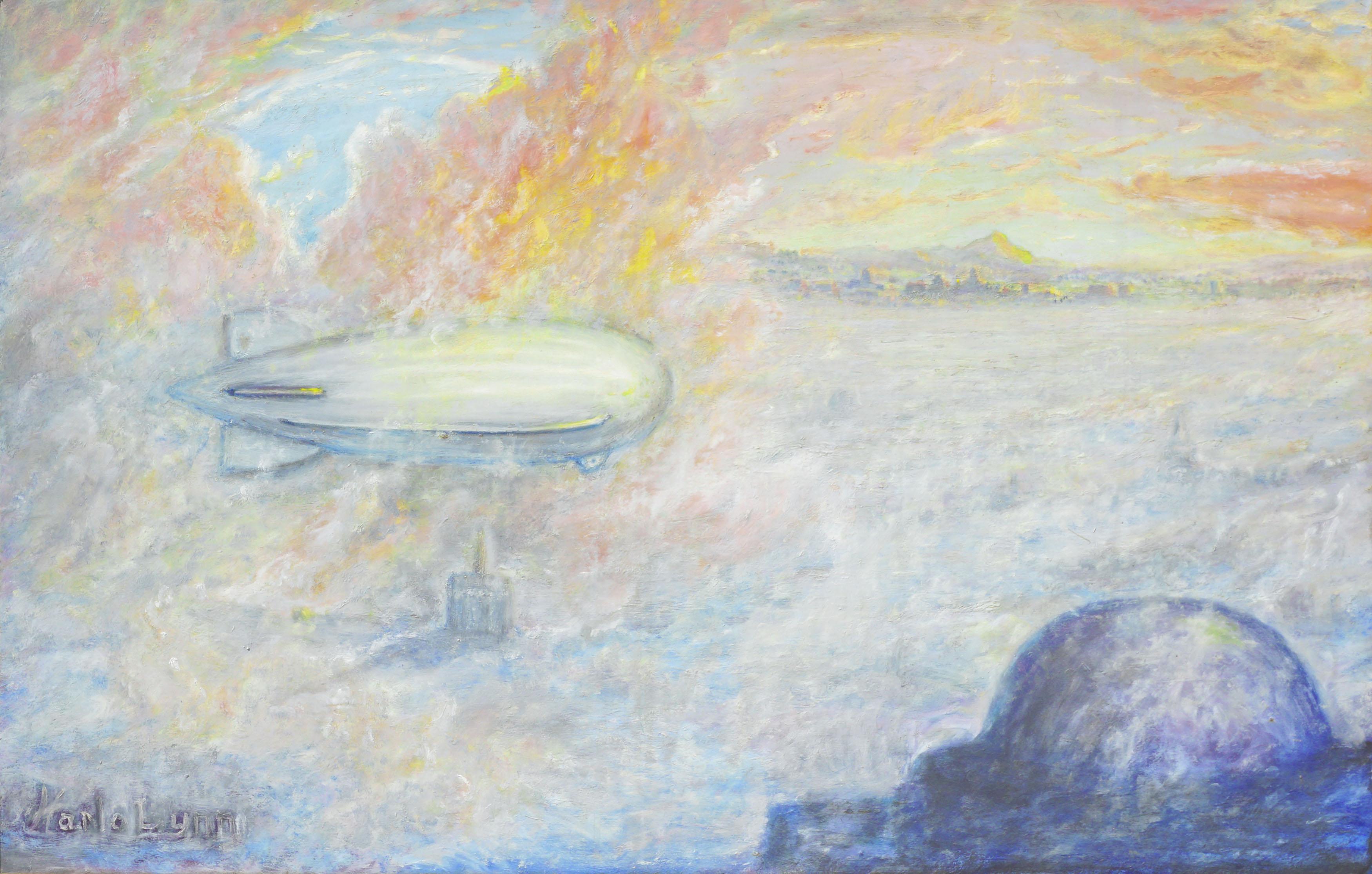 1930s Zeppelin Over San Francisco Landscape - Painting by Ethel Grace Arplin Harlo Lynn