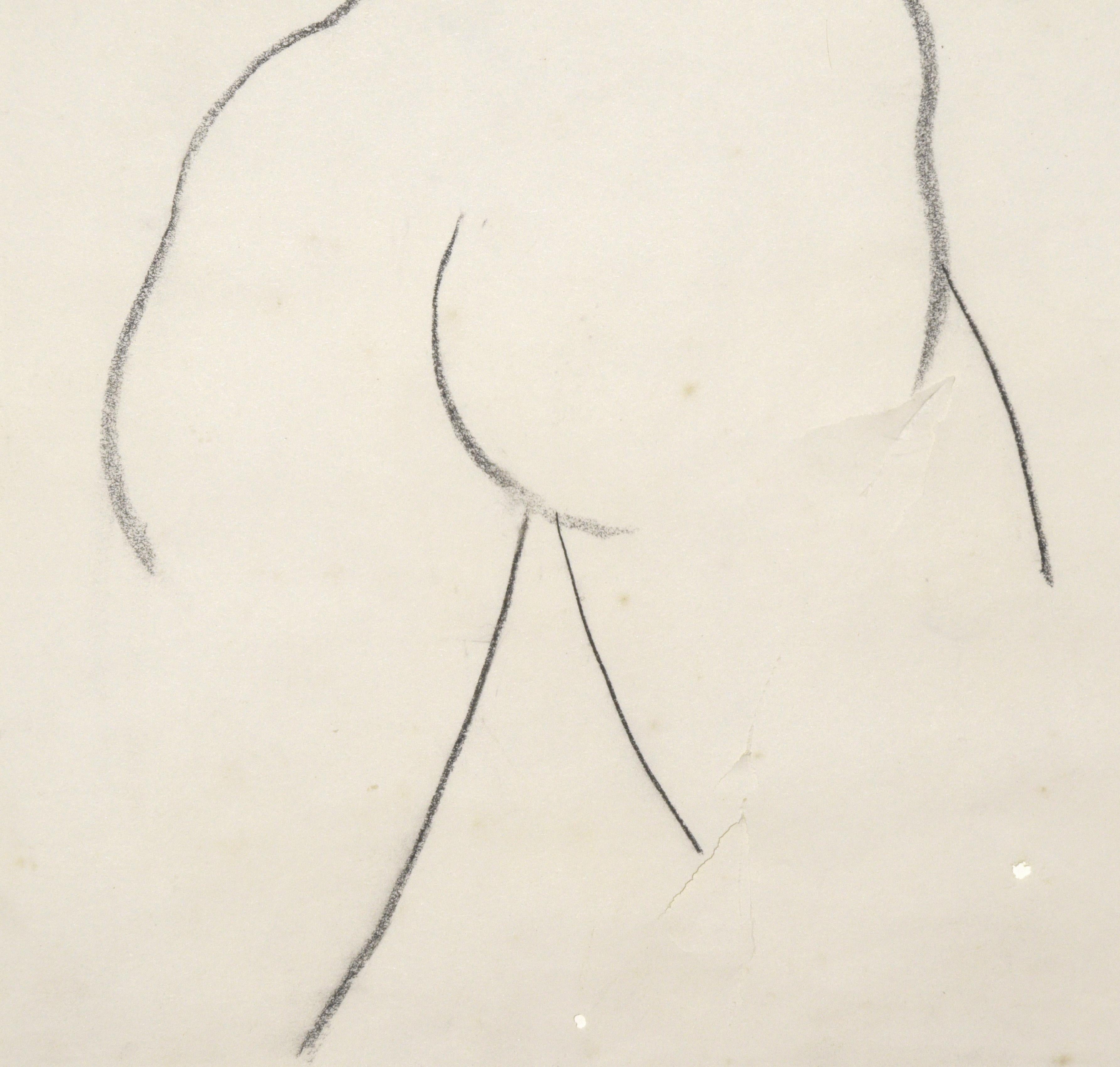 Maravilloso dibujo figurativo a carboncillo de mediados de siglo de una chica desnuda alejándose, obra de Moni (Mariellen) Ehlers (estadounidense, 1926-2007). Carboncillo sobre papel, c.1950. Firmado 
