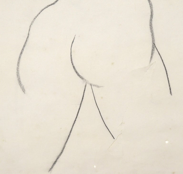 Wonderful mid century figurative nude charcoal line drawing of a girl walking away by Moni (Mariellen) Ehlers (American, 1926-2007). Charcoal on paper, c.1950s. Signed “Moni” in the lower right corner. Gallery tag on verso with artist name,  and