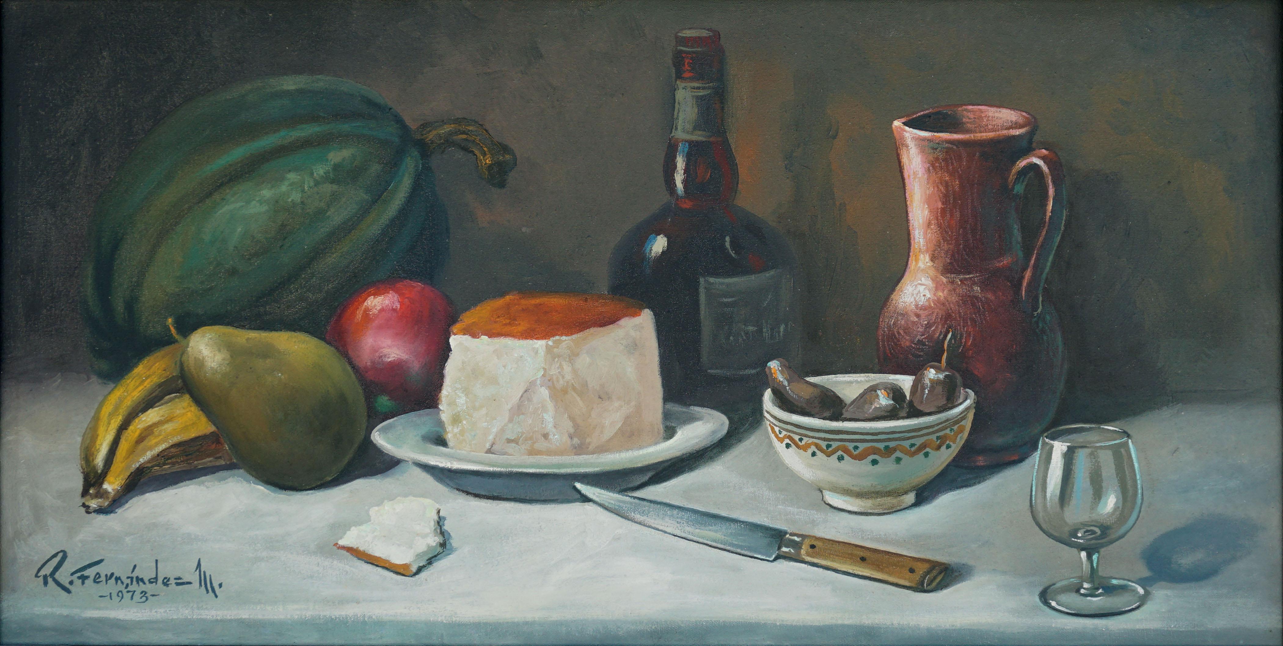 Fruit, Cheese and Grand Marnier Still Life - Painting by R Fernandez