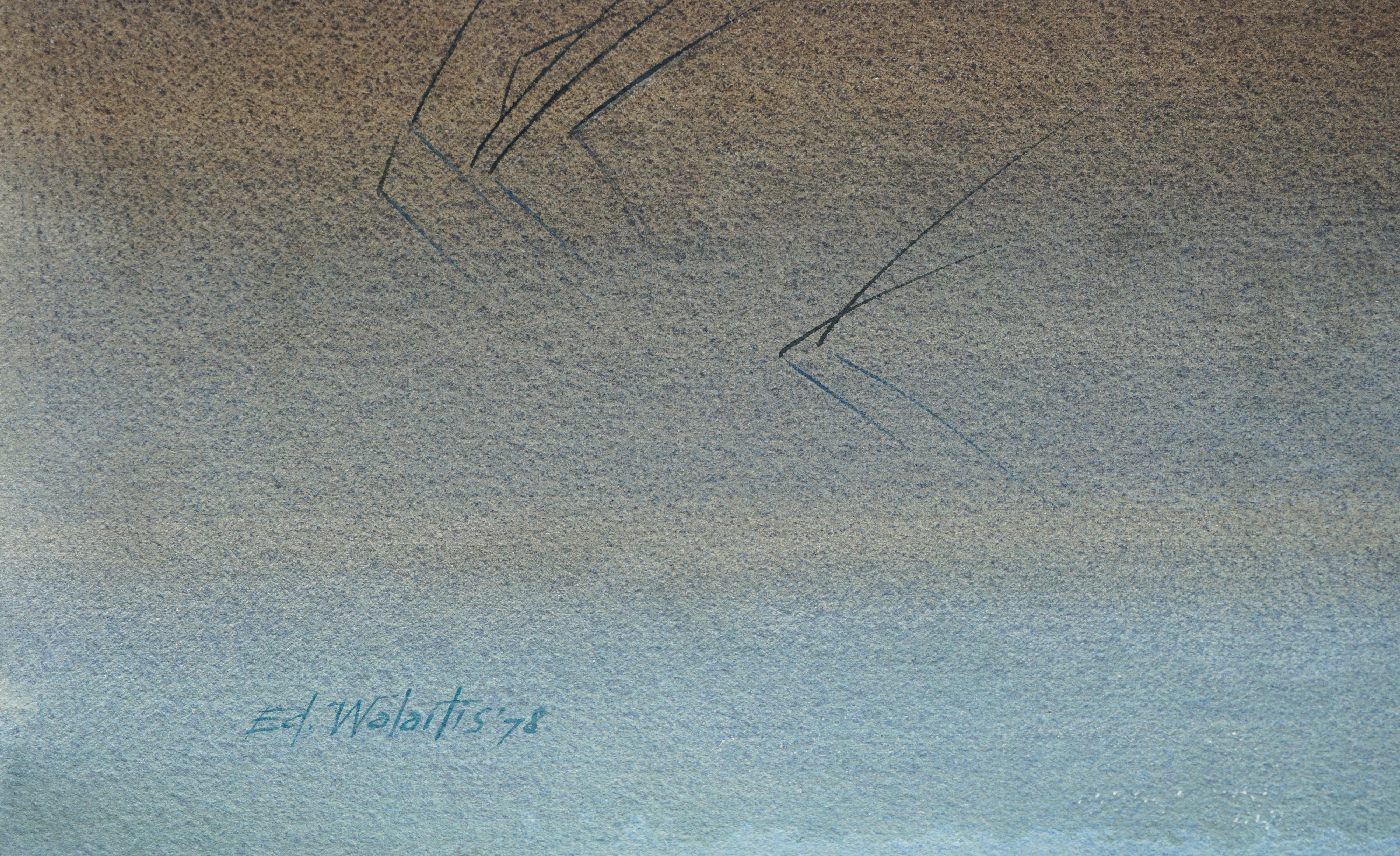 Wunderschönes minimalistisches Aquarell einer Sanddüne mit Gras und Vögeln von Ed Walaitis (Amerikaner, 1914-2005), 1978. Signiert und datiert unten links. Zustand: Ausgezeichnet. Präsentiert in hellem Holzrahmen mit Plexiglas. Bildgröße: 22,50 