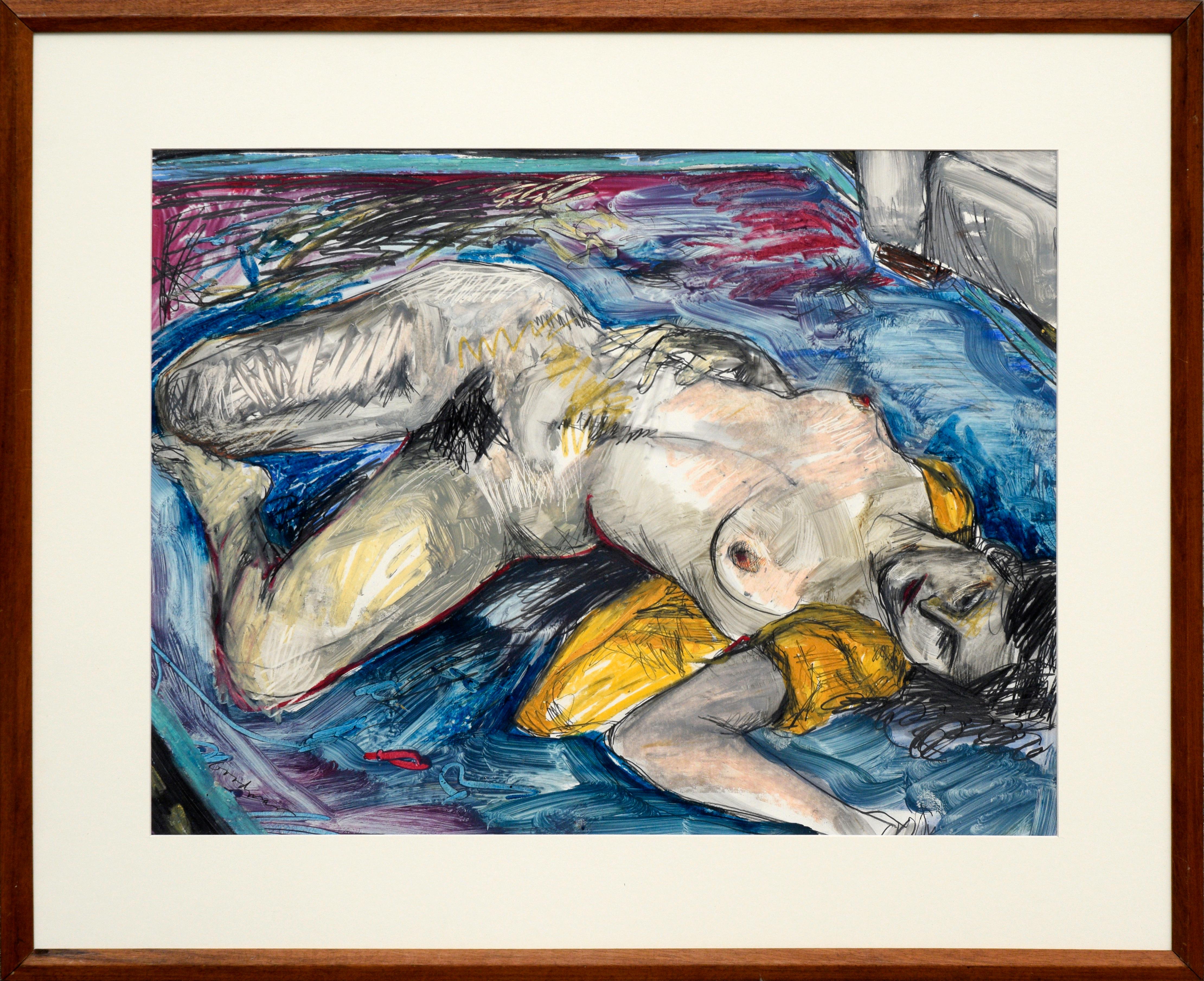 Figure féminine expressionniste nue couchée avec des tons jaunes, bleus et magenta