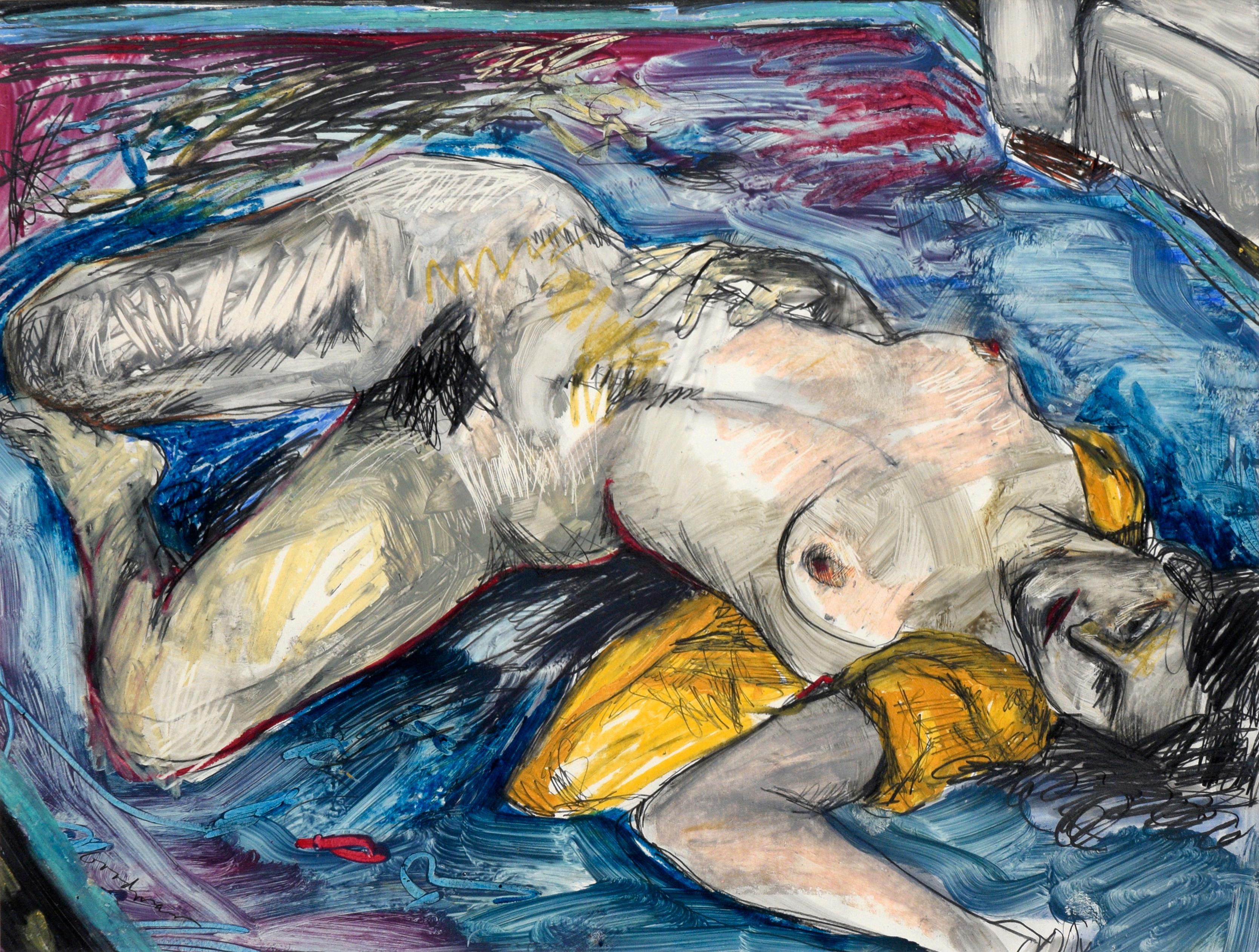 Rechteckige expressionistische weibliche Aktfigur mit gelbem, blauem und Magentafarbenem Akt – Painting von Linda Goodman