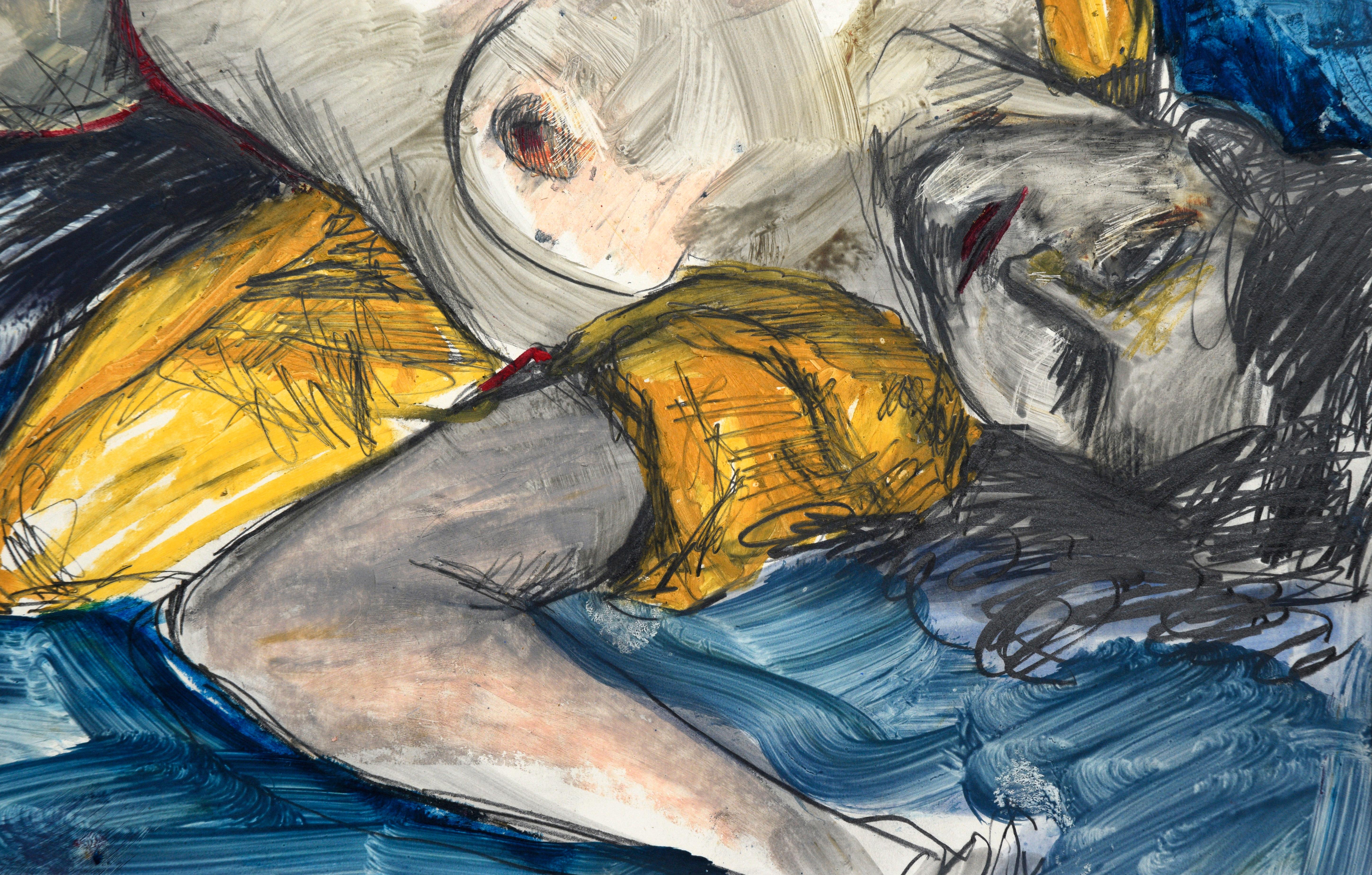Rechteckige expressionistische weibliche Aktfigur mit gelbem, blauem und Magentafarbenem Akt (Beige), Nude Painting, von Linda Goodman