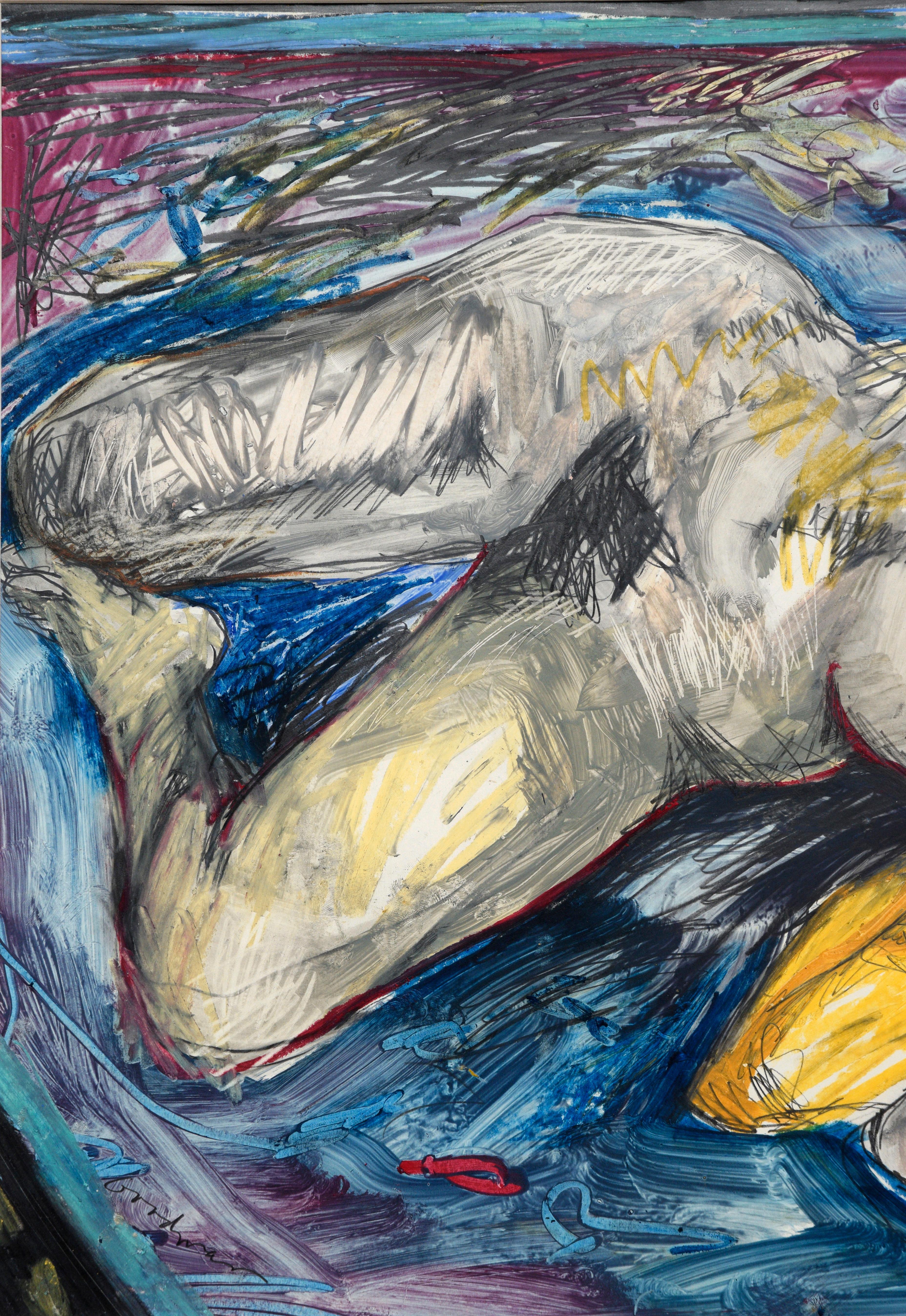 Reclining Expressionist Nude Female Figure with Yellow, Blue, and Magenta - Beige Nude Painting by Linda Goodman