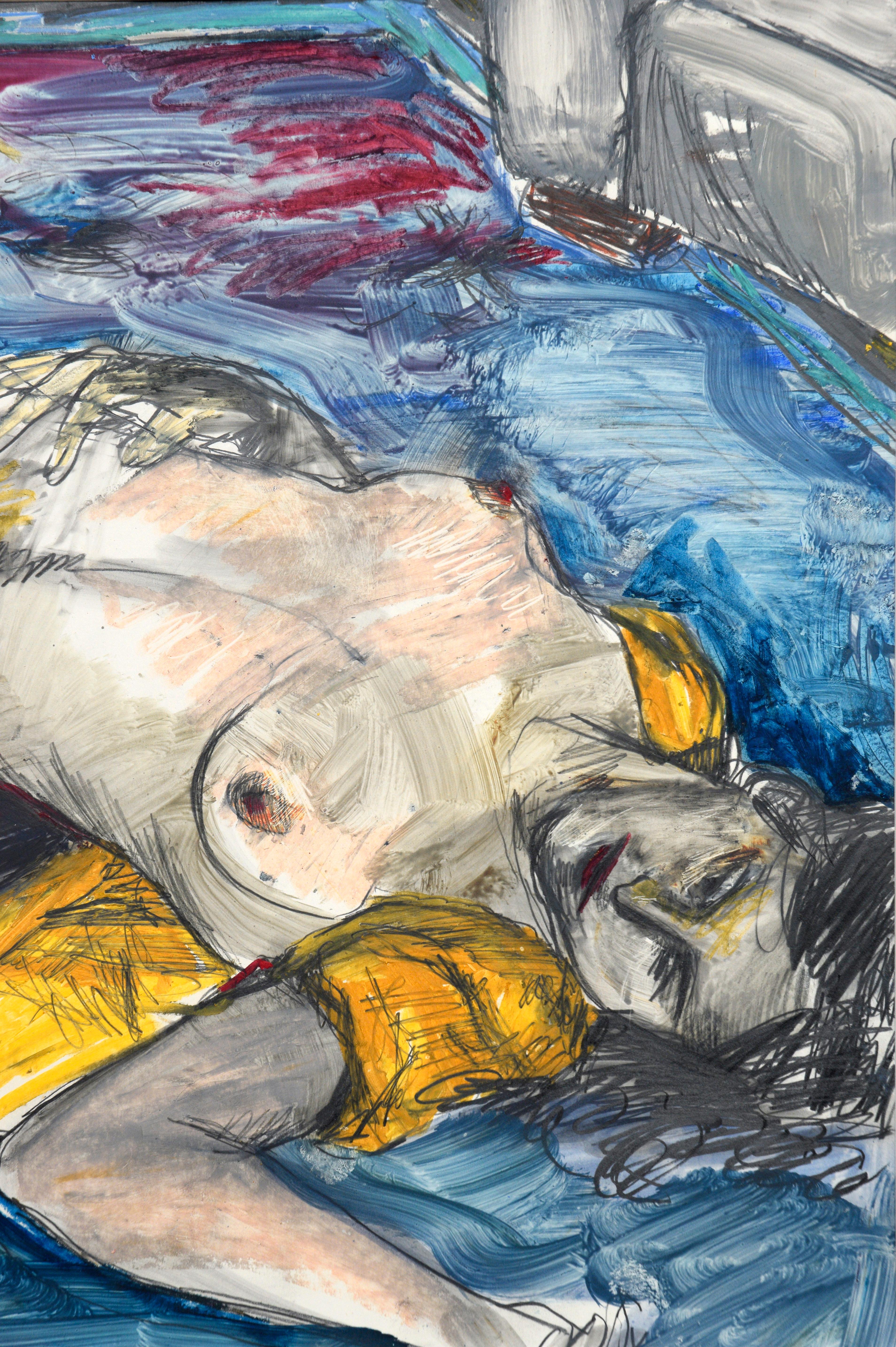 Rechteckige expressionistische weibliche Aktfigur mit gelbem, blauem und Magentafarbenem Akt (Expressionismus), Painting, von Linda Goodman