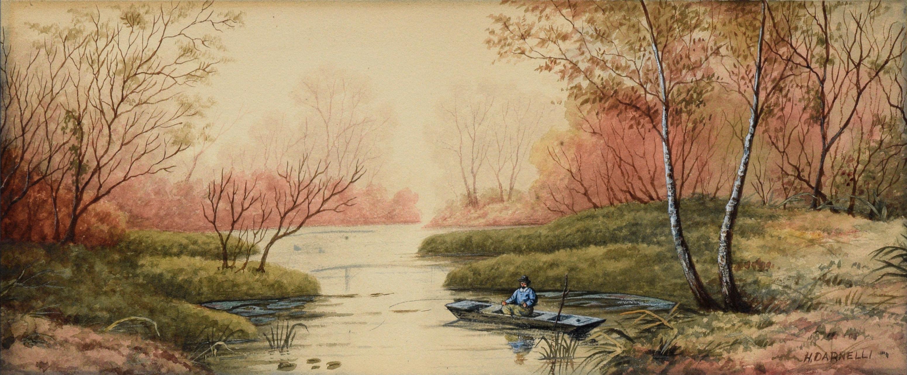 Late 19thCentury English Fisherman Figural Landscape Watercolor, 