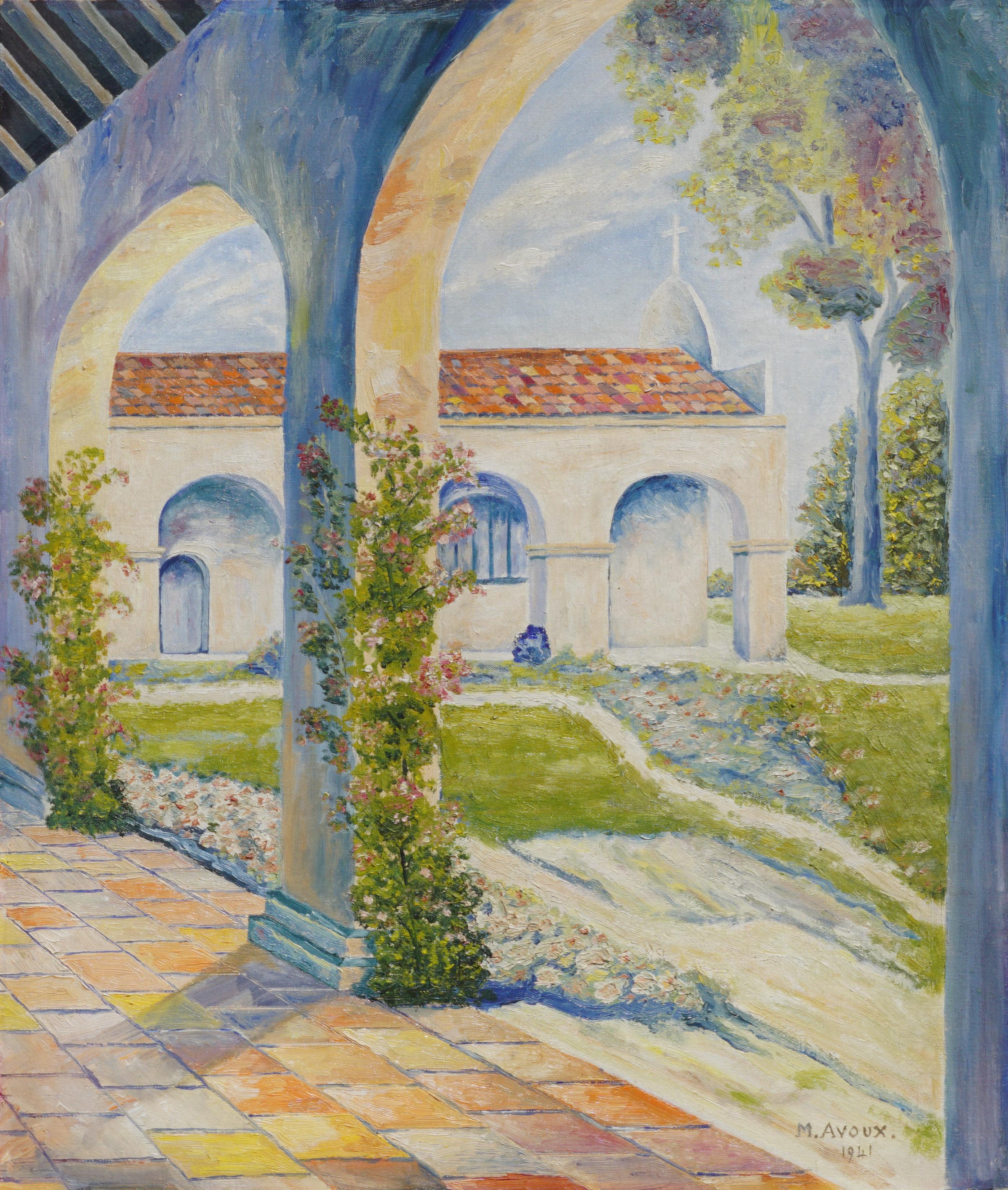 Marcel Avoux Landscape Painting - Mid Century California Mission Courtyard Garden Landscape, San Juan Capistrano