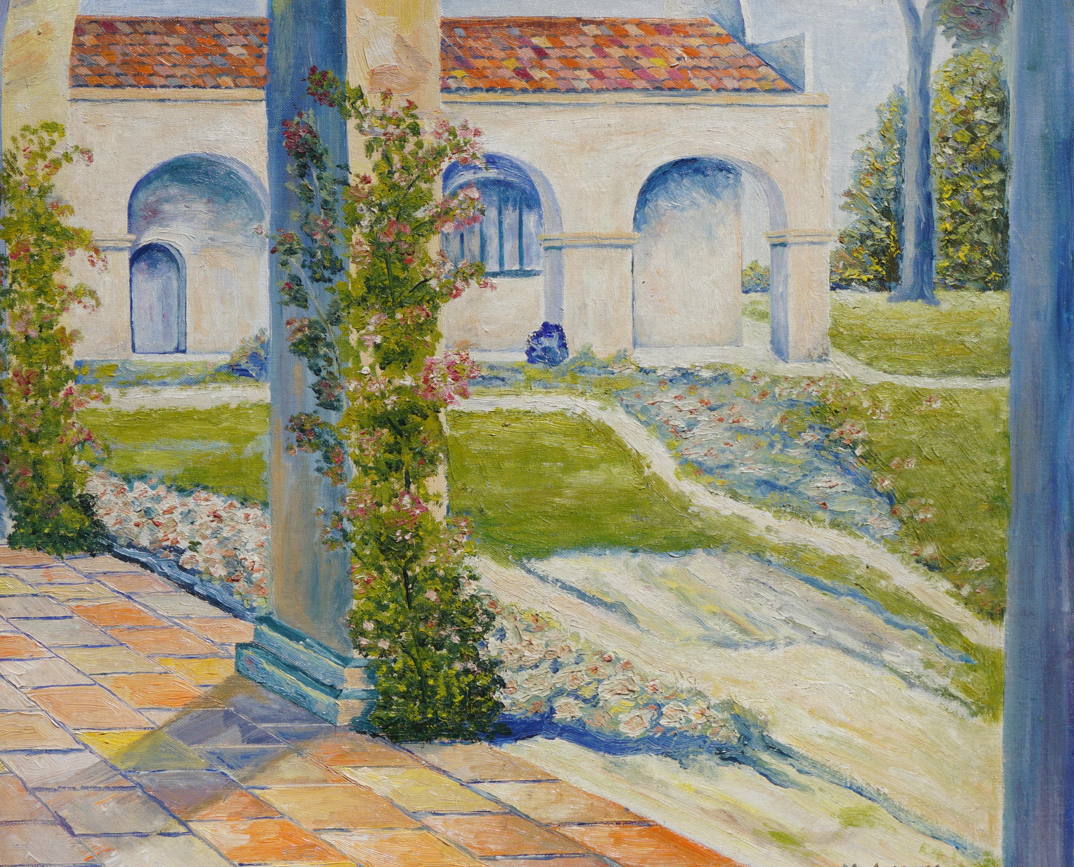 Mid Century California Mission Courtyard Garden Landscape, San Juan Capistrano - Painting by Marcel Avoux