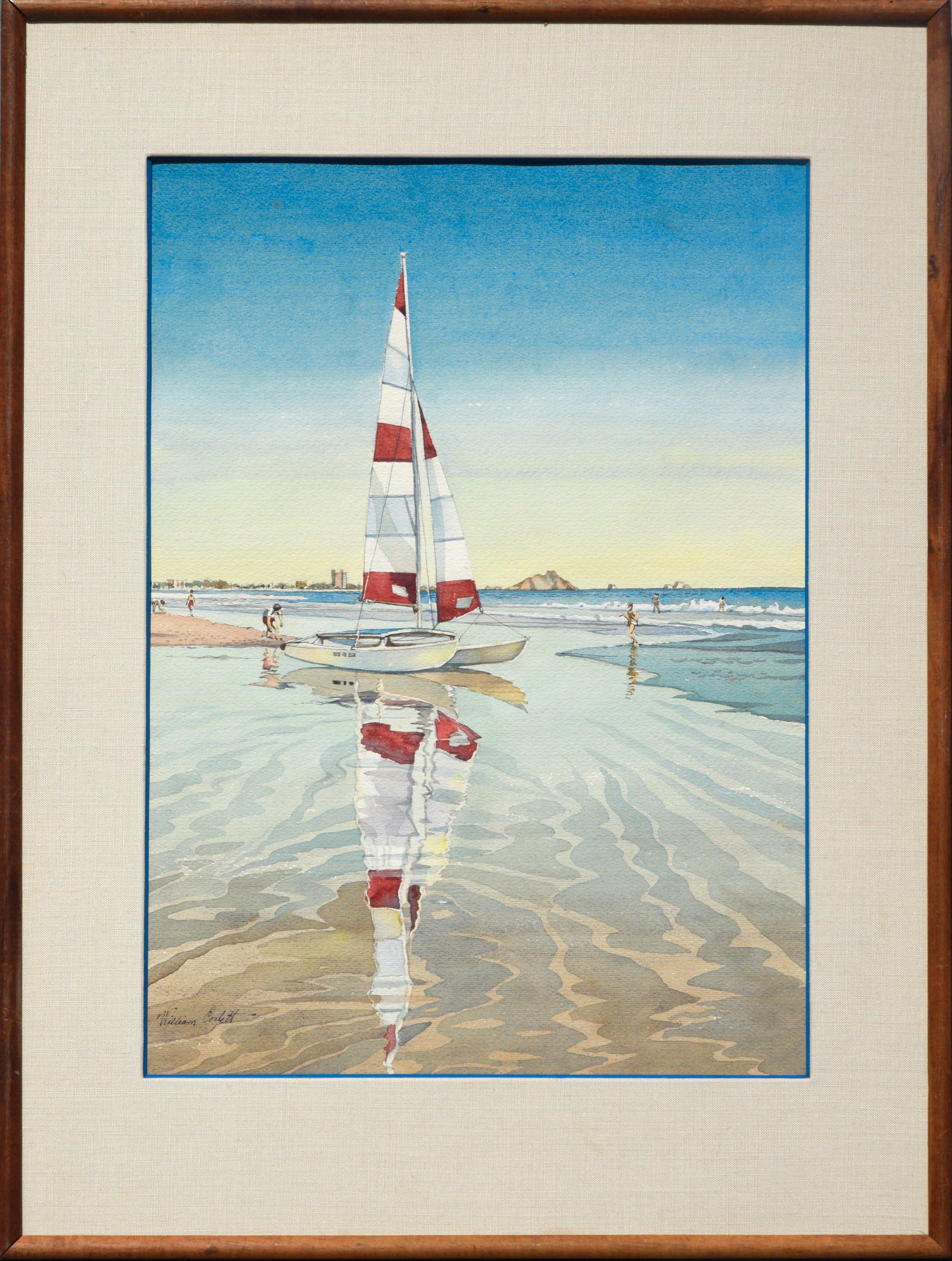 William A. Corbett Figurative Art - Mid Century Mazatlan Beach Catamaran Figurative Landscape Watercolor 