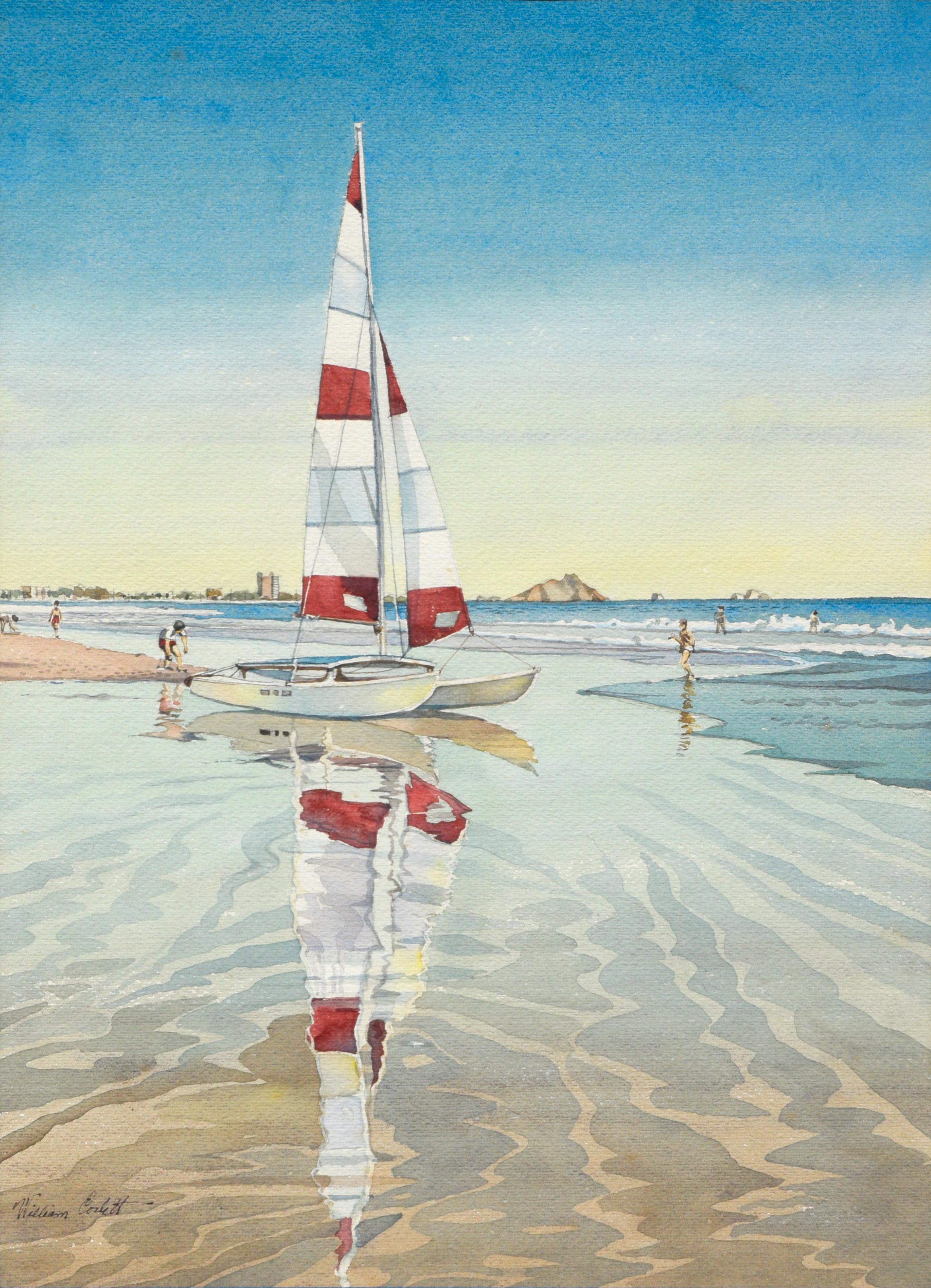 Aquarelle - Paysage figuratif de catamaran de plage de Mazatlan du milieu du siècle dernier - Art de William A. Corbett