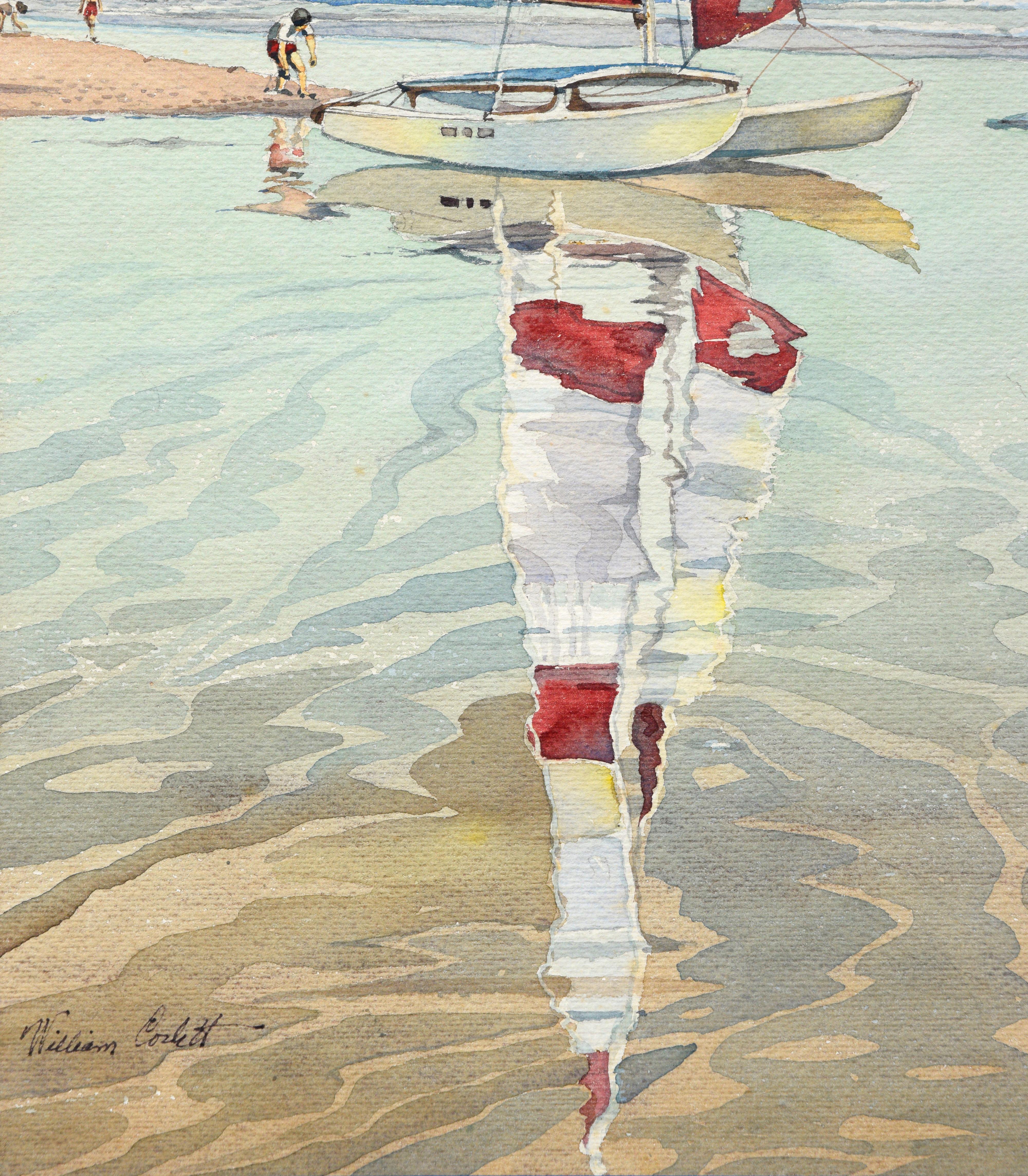 Aquarelle - Paysage figuratif de catamaran de plage de Mazatlan du milieu du siècle dernier - Gris Figurative Art par William A. Corbett