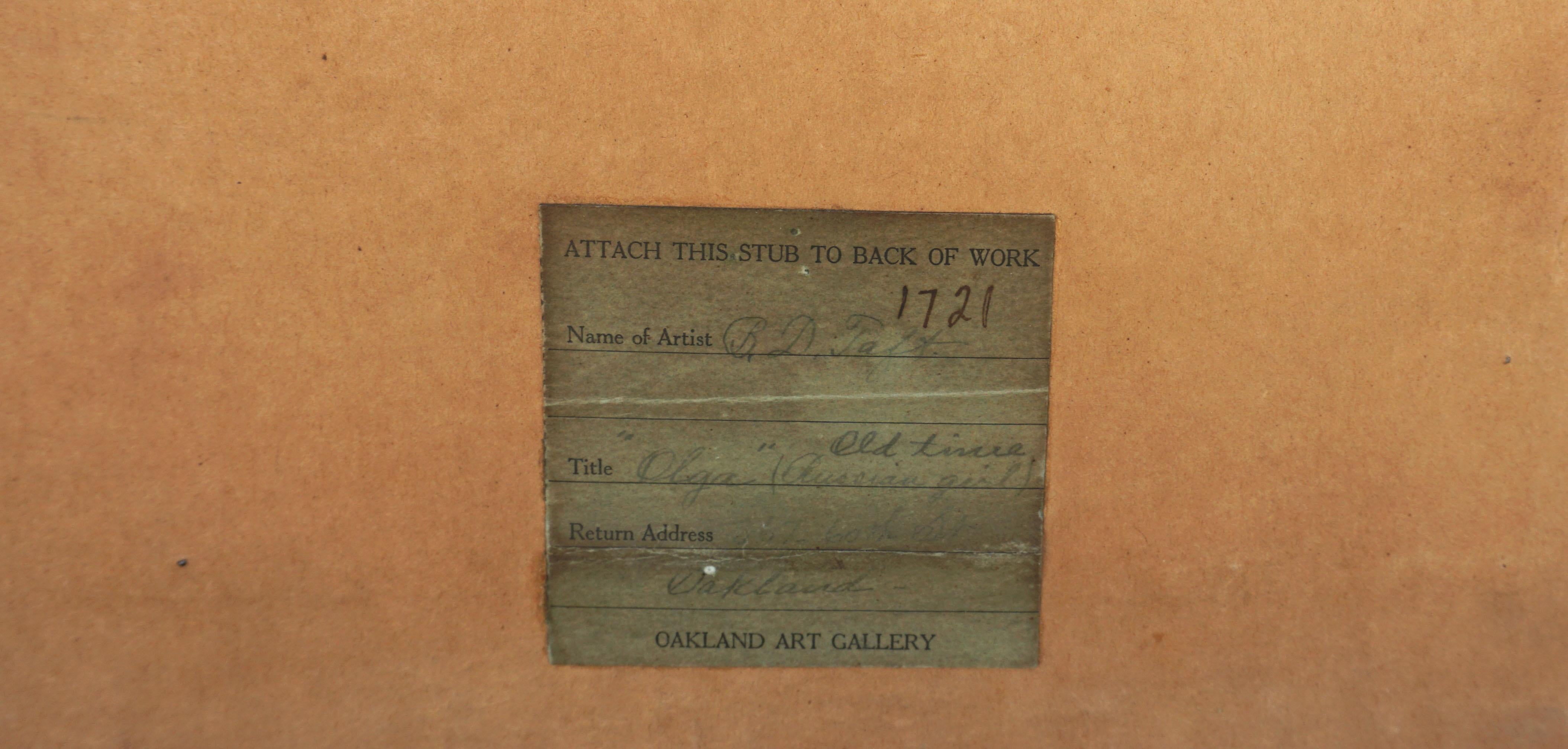 Charmantes Porträt der russischen Bojarin von Bell Dibble Taft (Amerikaner, 1855-1937), 1921. Signiert und datiert unten links und Galerieetikett für Oakland Gallery Exhibit (Oakand Museum) auf der Rückseite. Zustand: Gut; professionell gereinigt