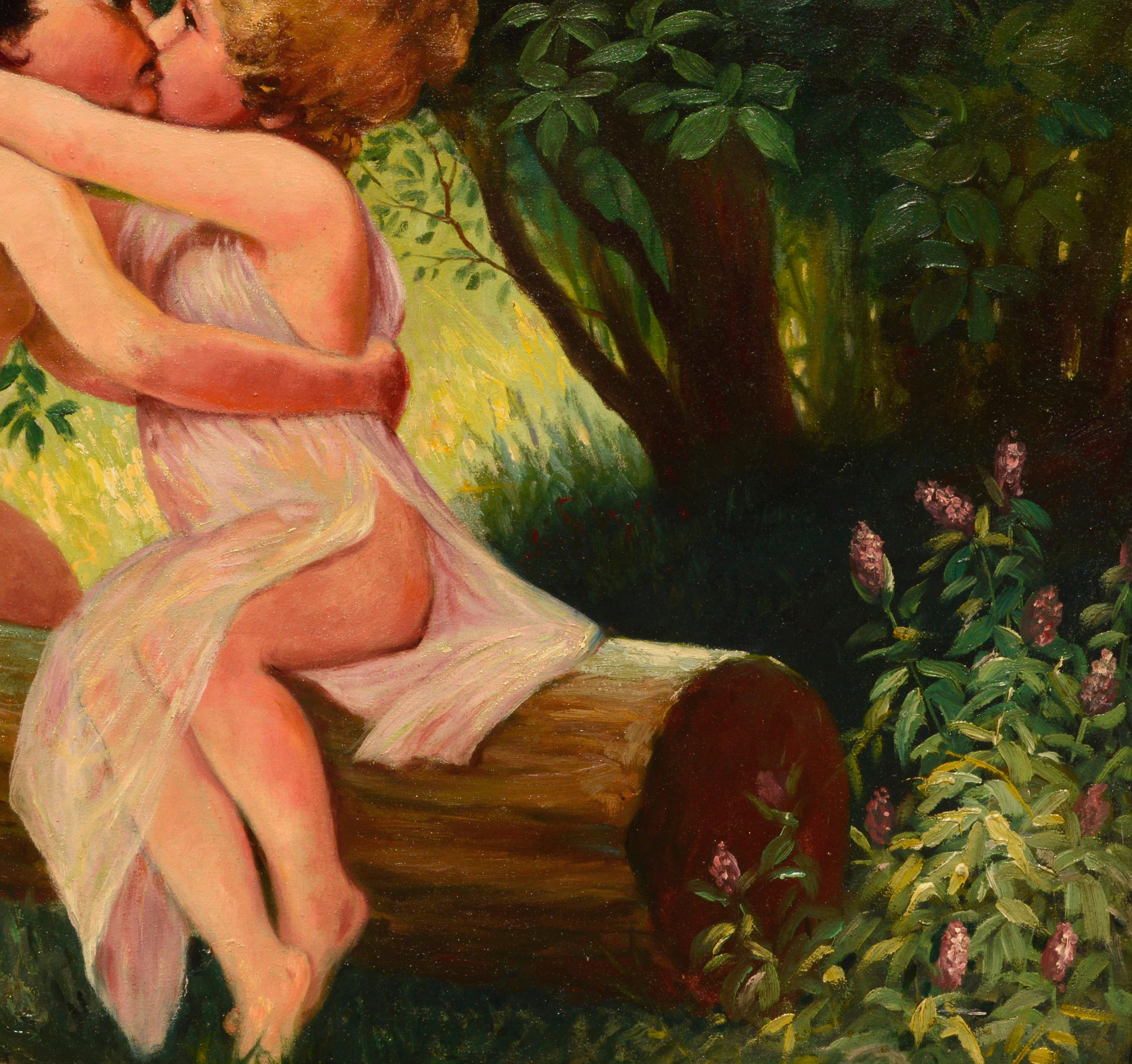 Kissing Wood Nymphen - Figurative Landschaft des frühen 20. Jahrhunderts  (Braun), Landscape Painting, von Carl F. Ruhnau