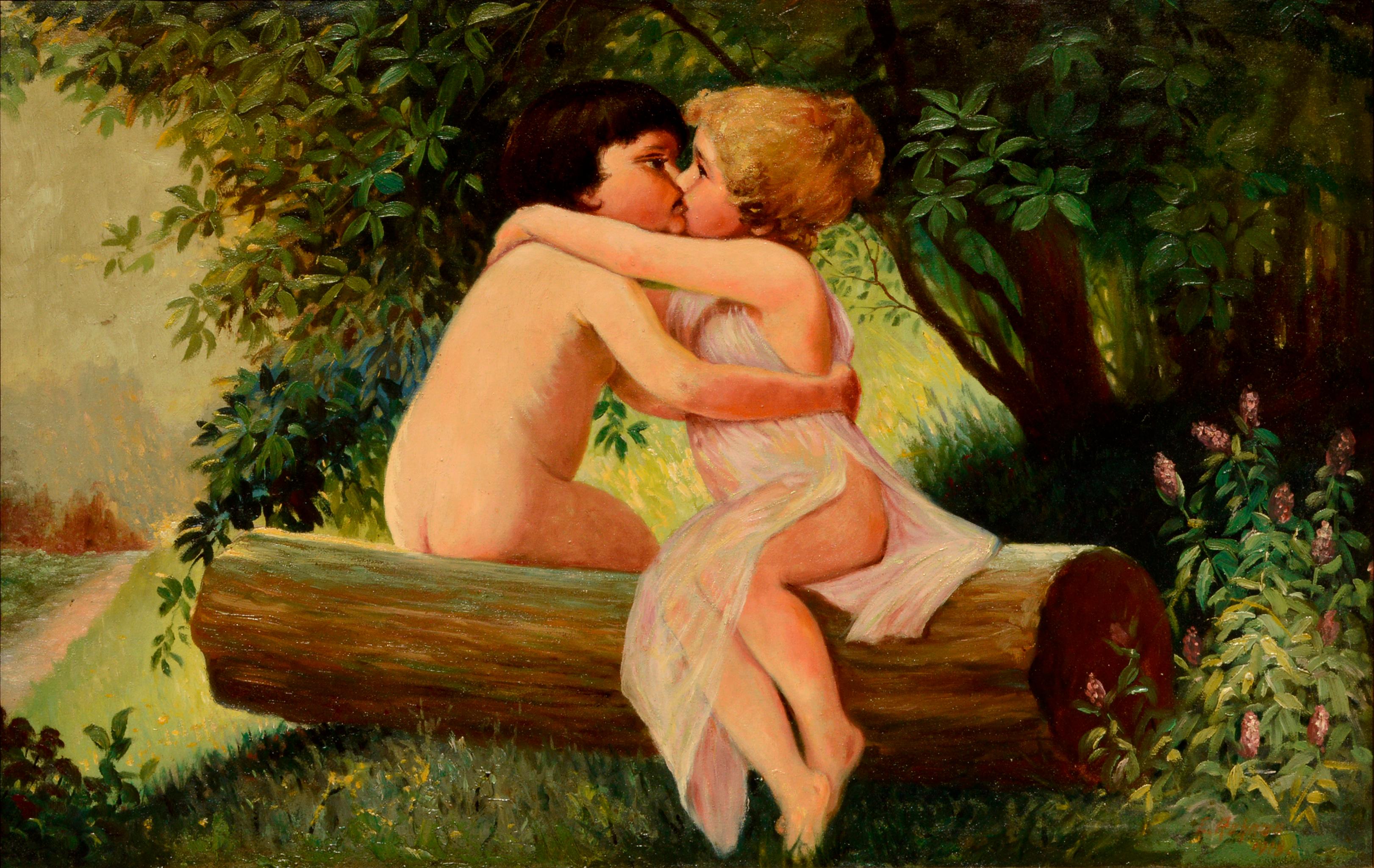 Kissing Wood Nymphs - Early 20th Century Figurative Landscape  - Painting by Carl F. Ruhnau