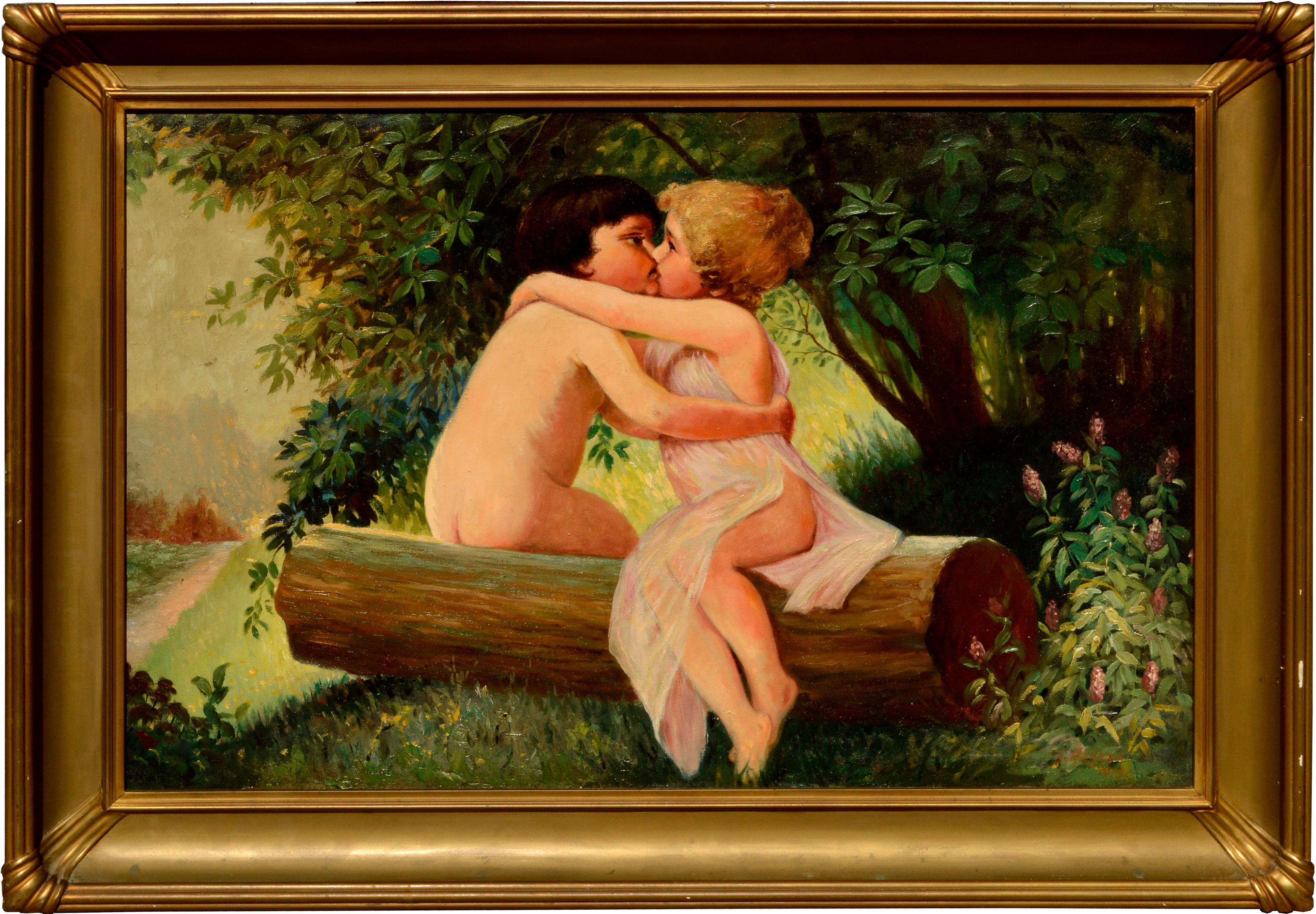 Carl F. Ruhnau Landscape Painting - Kissing Wood Nymphs - Early 20th Century Figurative Landscape 