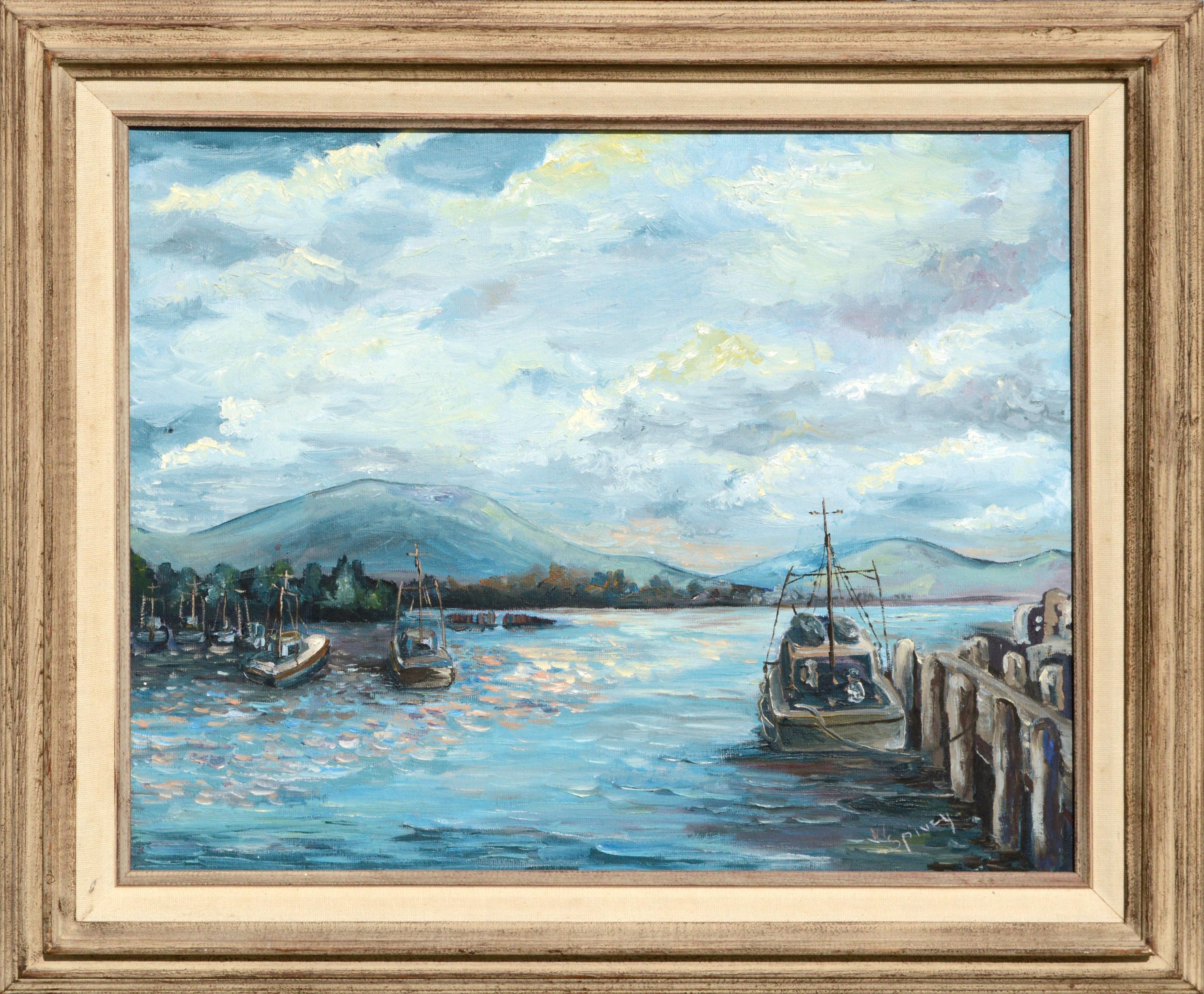Figurative Painting de W. Spivey - Puesta de sol en el puerto - Paisaje