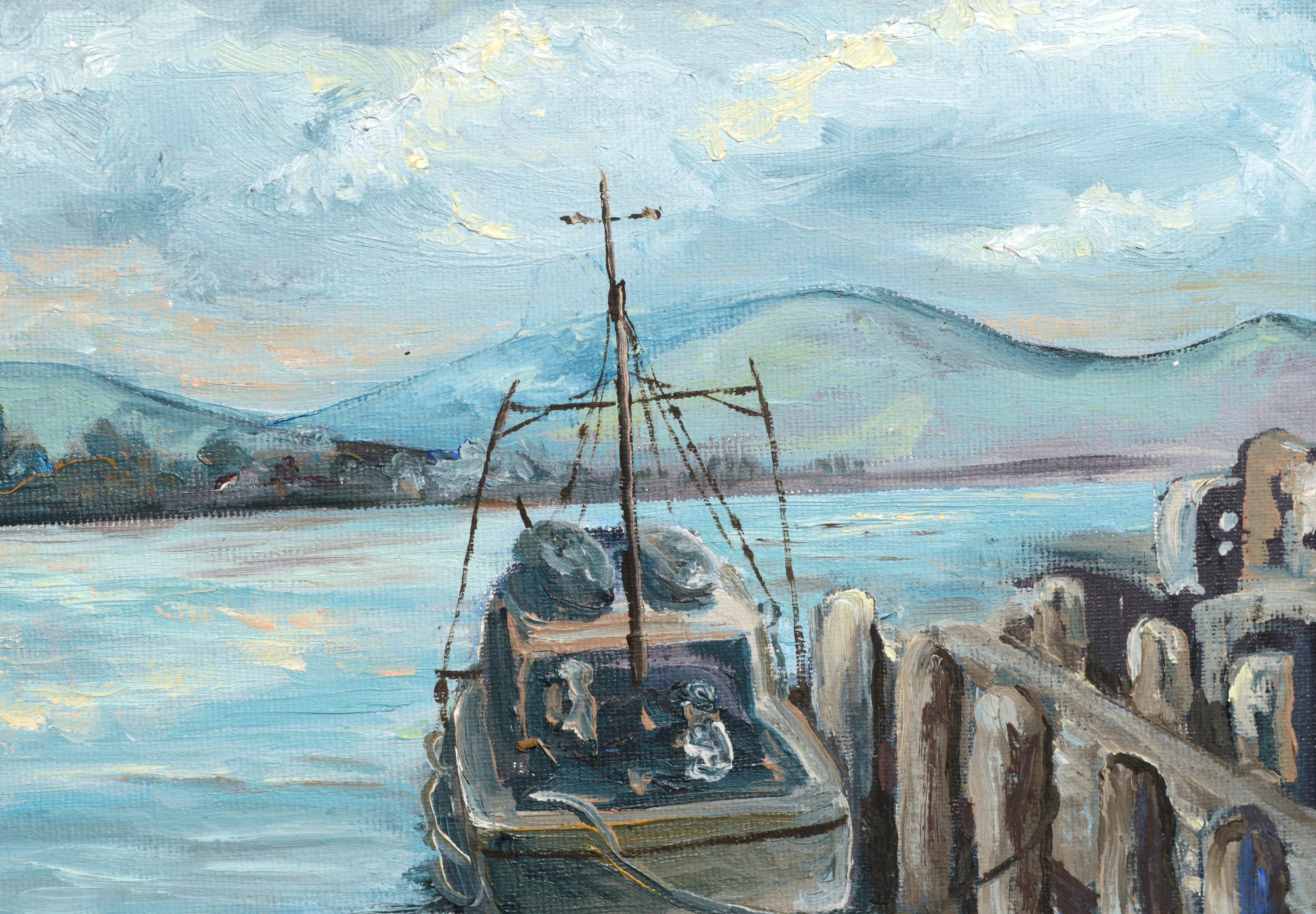 Puesta de sol en el puerto - Paisaje - Figurative Painting Gris de W. Spivey