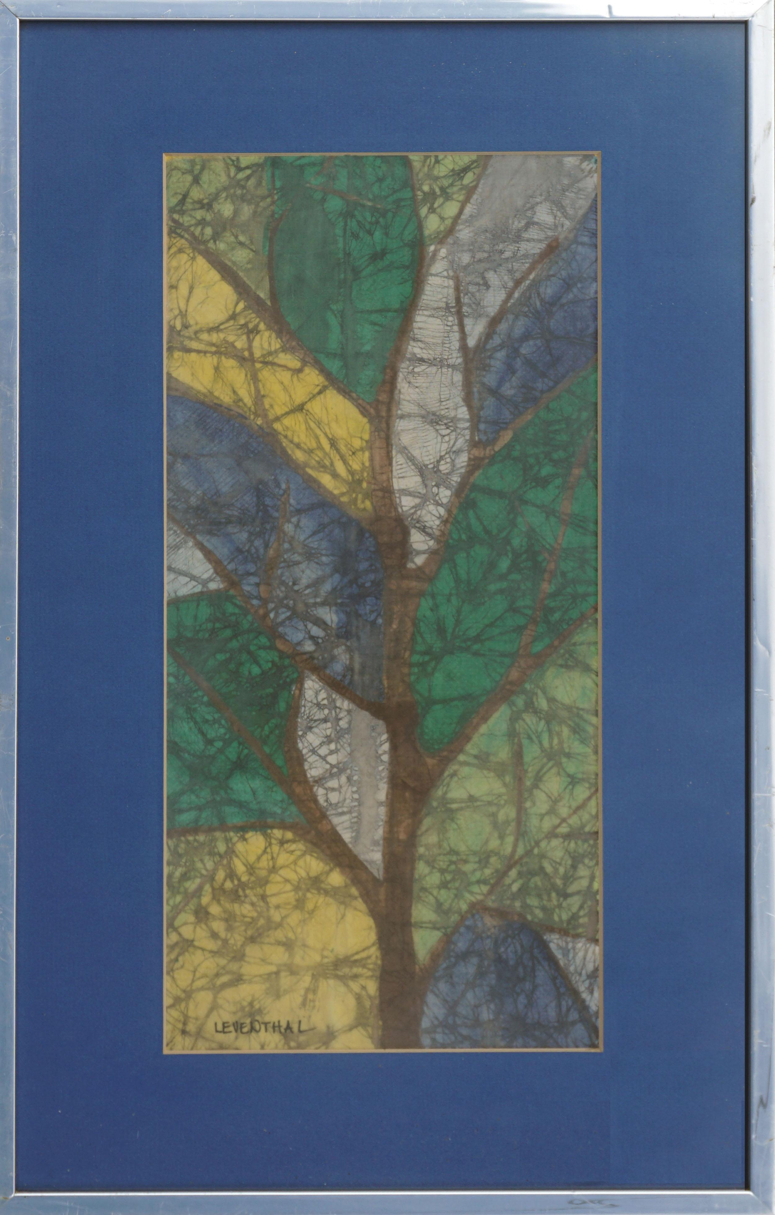 Landscape Painting Leventhal - Tissu batik abstrait en forme d'arbre en caoutchouc jaune, vert et bleu