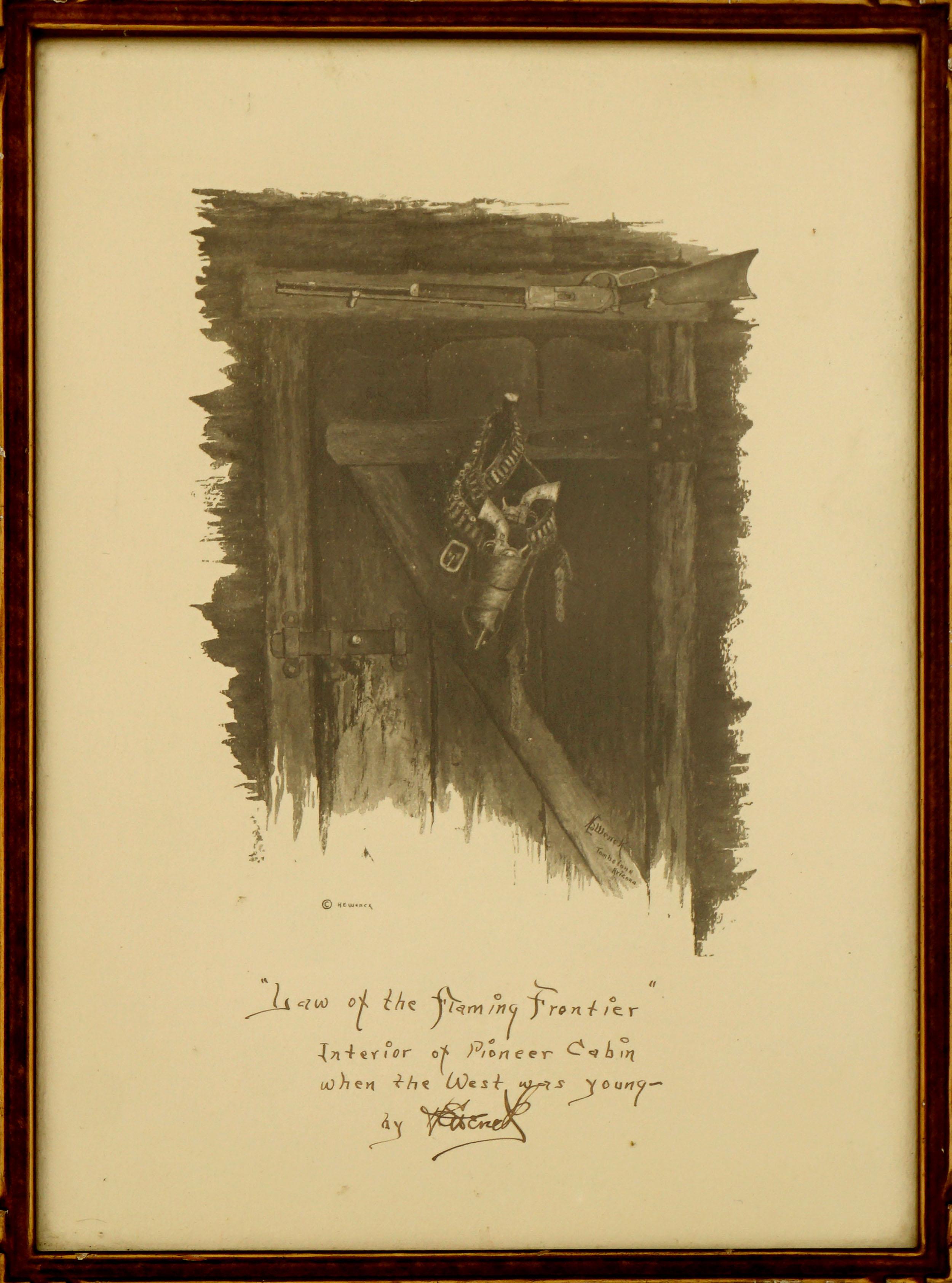 Harold Edgar Wenck Interior Print – Law of The Flaming Frontier - Westliches Interieur der 1920er Jahre mit Waffen und Rüstungen