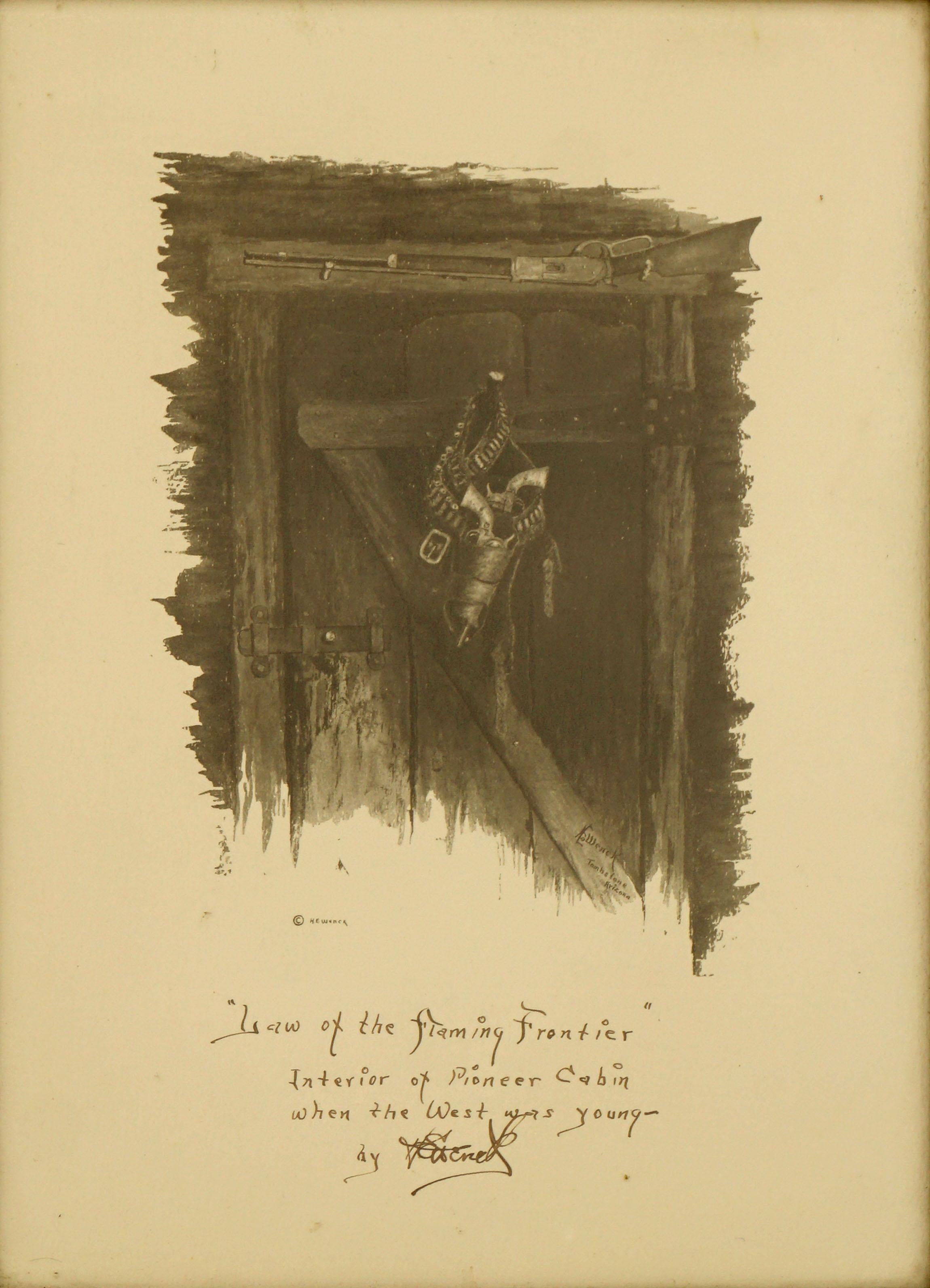 Law of The Flaming Frontier - Westliches Interieur der 1920er Jahre mit Waffen und Rüstungen – Print von Harold Edgar Wenck