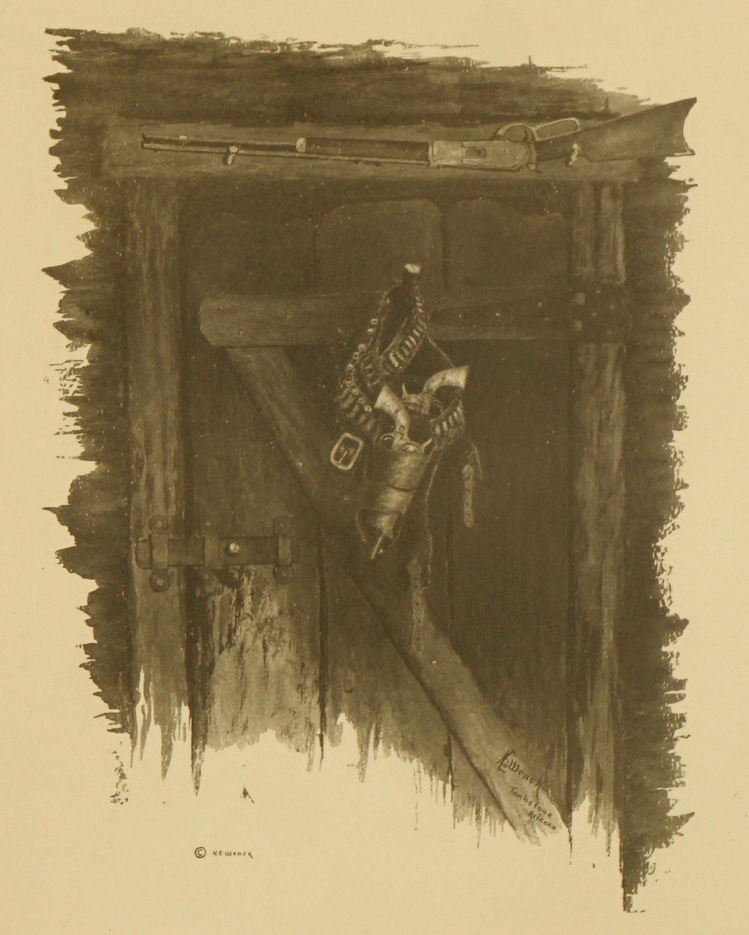 Law of The Flaming Frontier - Westliches Interieur der 1920er Jahre mit Waffen und Rüstungen (Realismus), Print, von Harold Edgar Wenck
