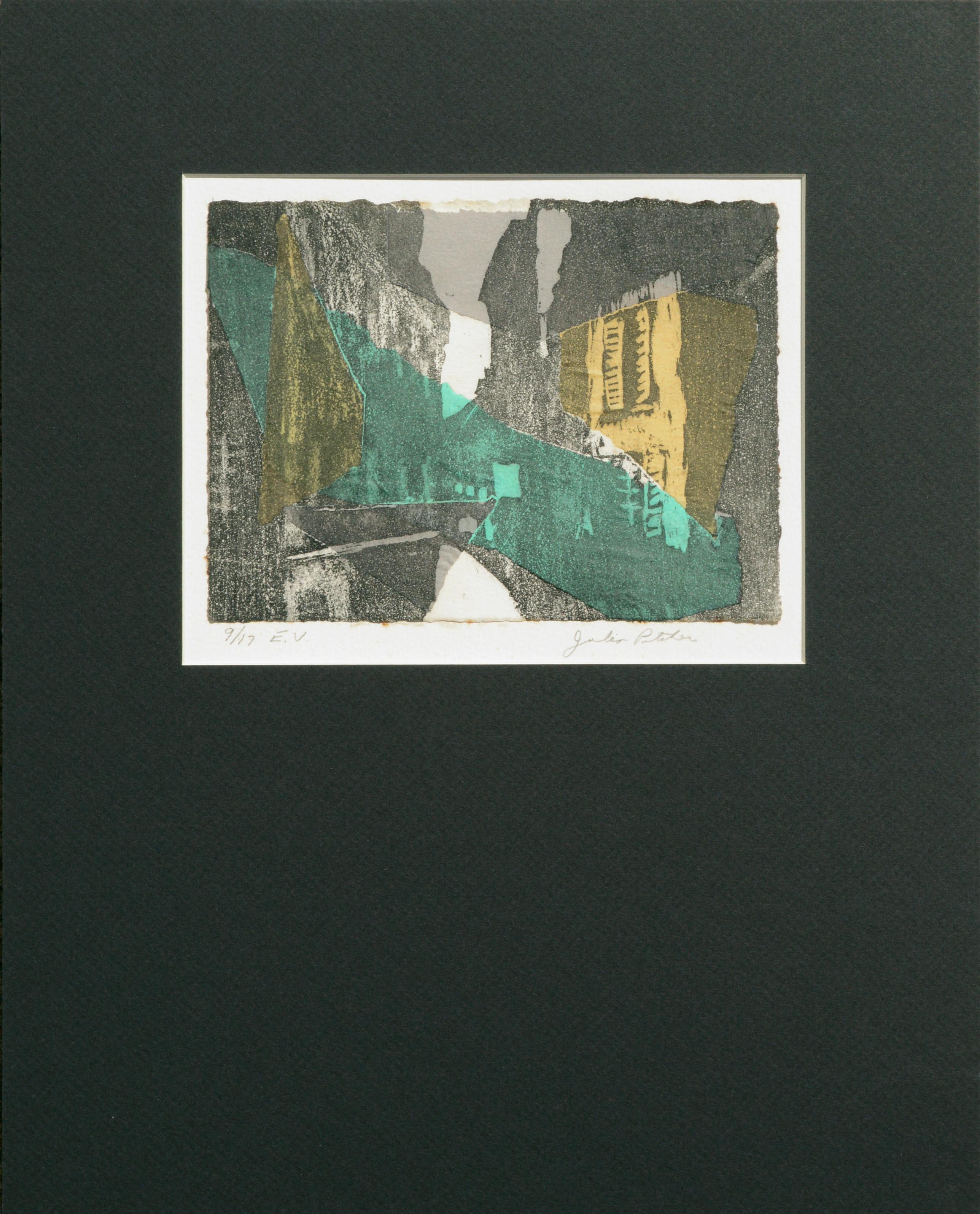 Julia Pitcher Landscape Print – Moderne abstrakte Stadtlandschaft der abstrakten Moderne mit gelbem und grünem Abstrakt 