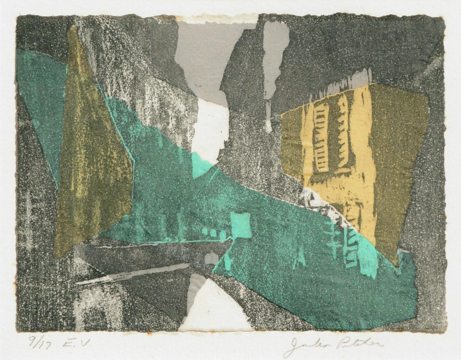 Moderne abstrakte Stadtlandschaft der abstrakten Moderne mit gelbem und grünem Abstrakt  – Print von Julia Pitcher