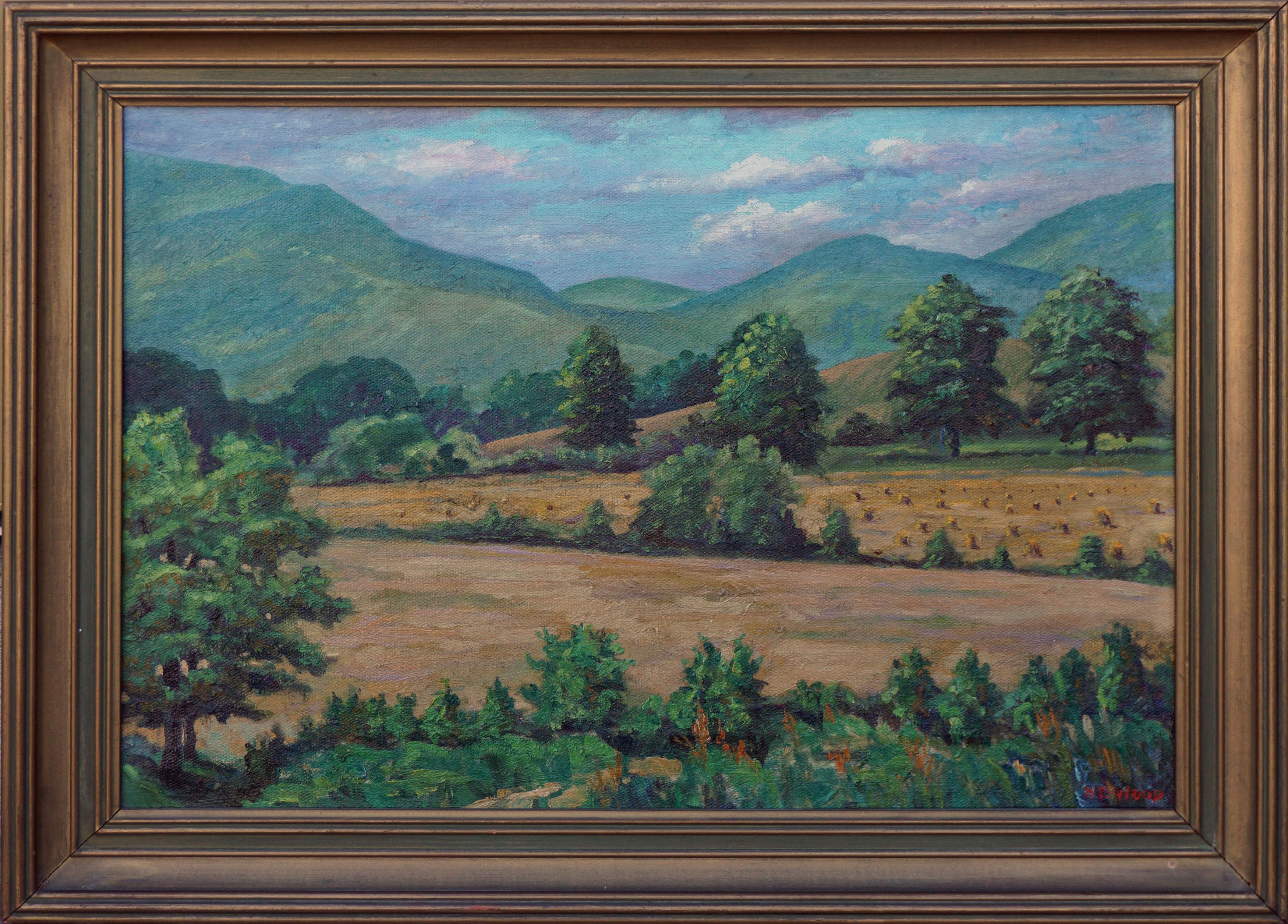 Harry (Emsley) Wood, Sr. Landscape Painting – Arts and Craft Hills and Haystacks Landschaft aus der Mitte des Jahrhunderts