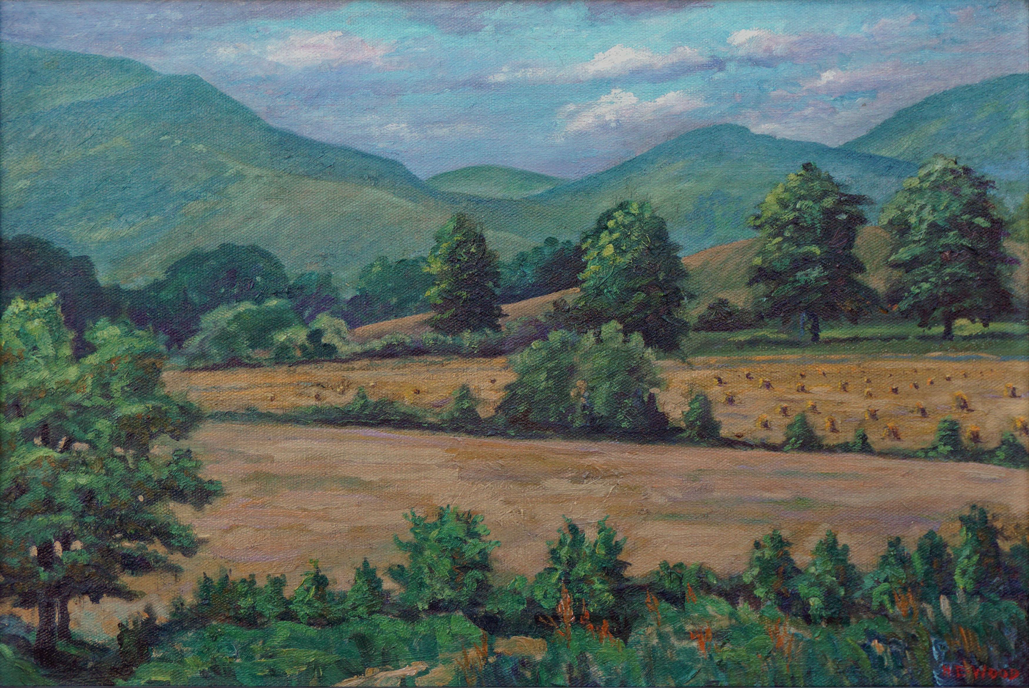Mid Century Arts and Craft Hills and Haystacks Landscape - Painting by Harry (Emsley) Wood, Sr.