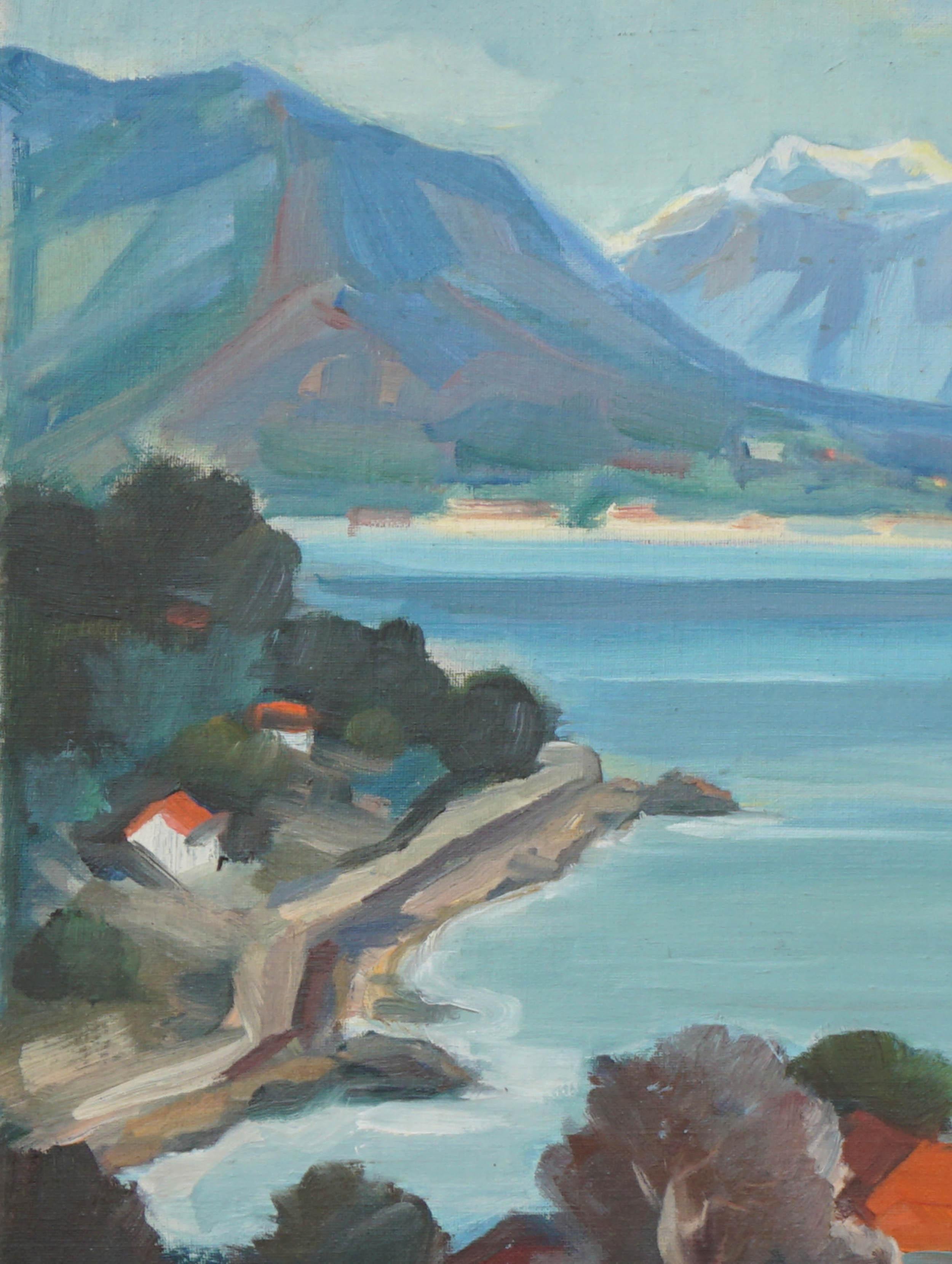 Costa croata di metà secolo con paesaggio di barche a vela - Painting Impressionismo di A Verbitski 