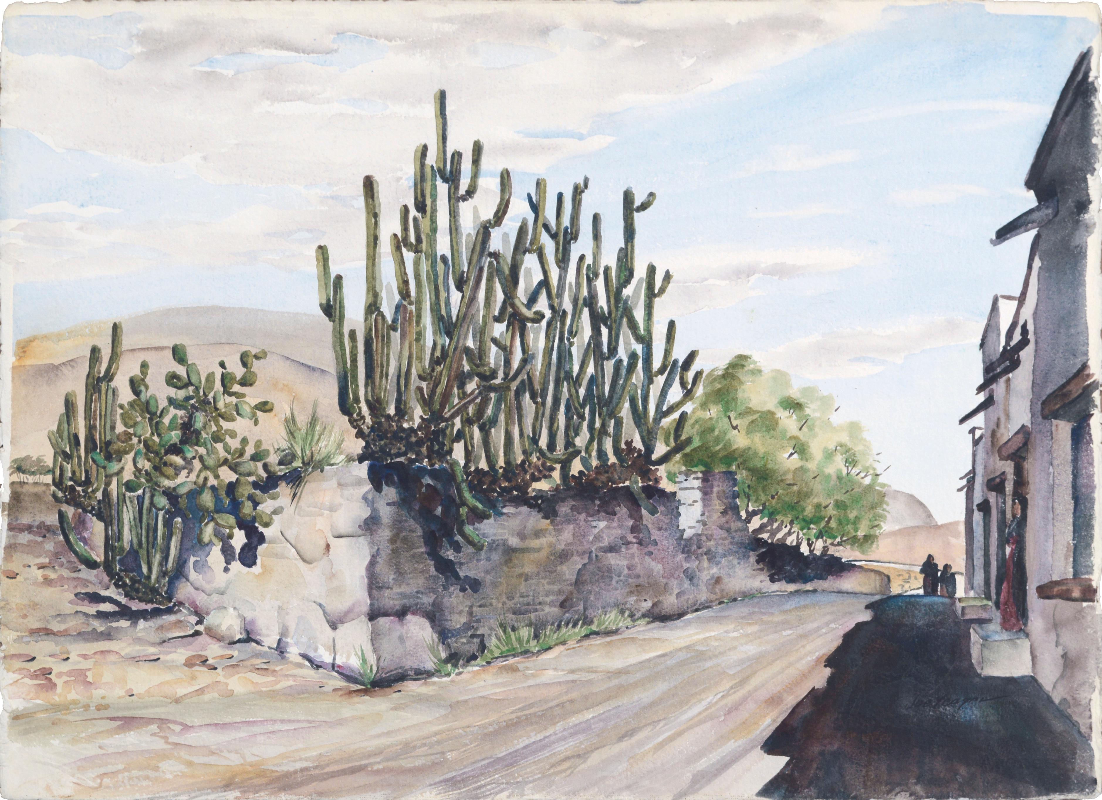Joseph Yeager Figurative Art - Cacti on a Mexican Street - Midcentury Figurative Landscape