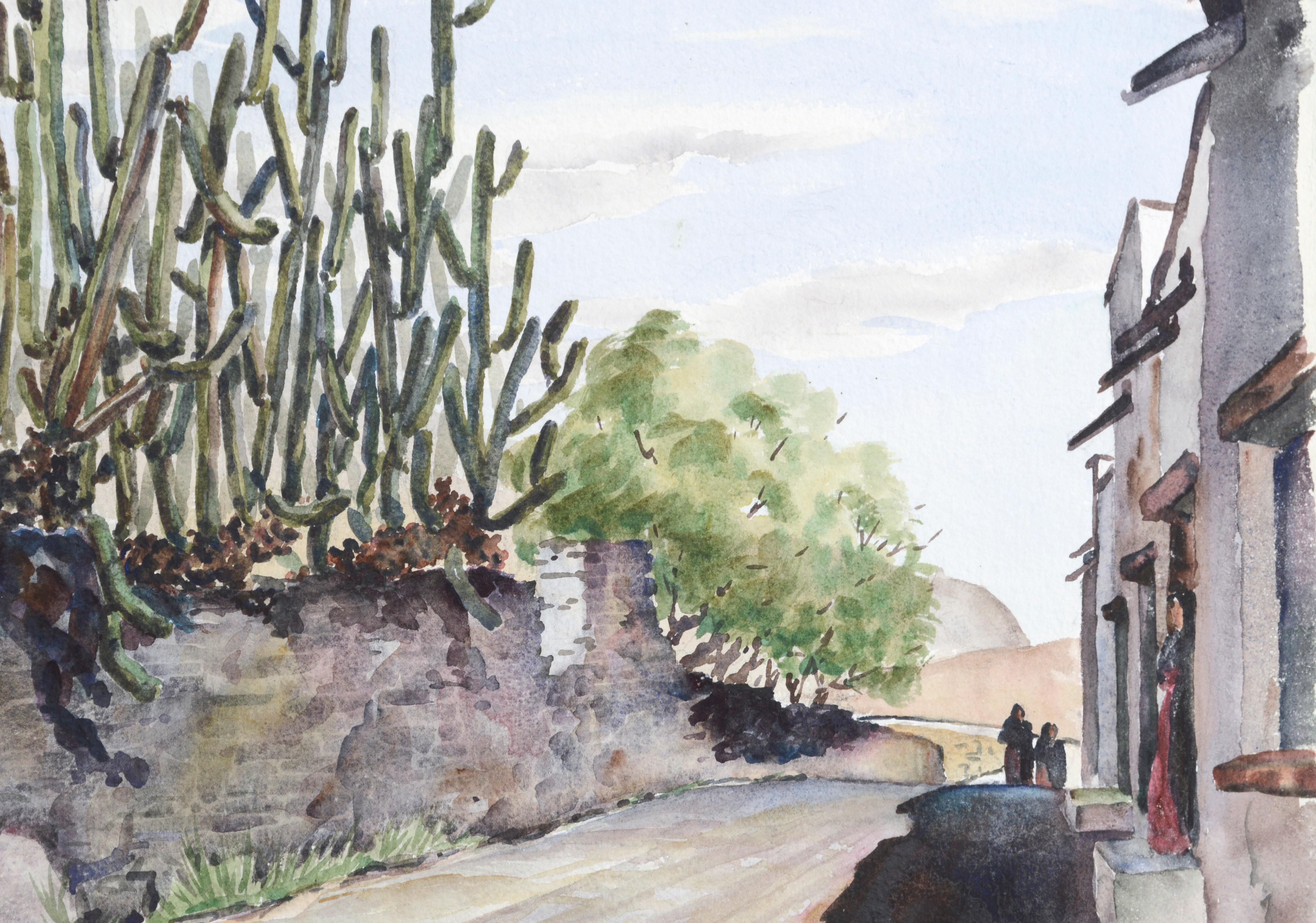 Cacti on a Mexican Street - Midcentury Figurative Landscape - Gray Figurative Art by Joseph Yeager