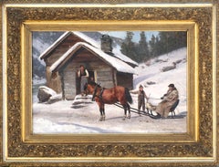 Antique Winter's Visit Norwegian Scene By Axel Hjalmar Ender 