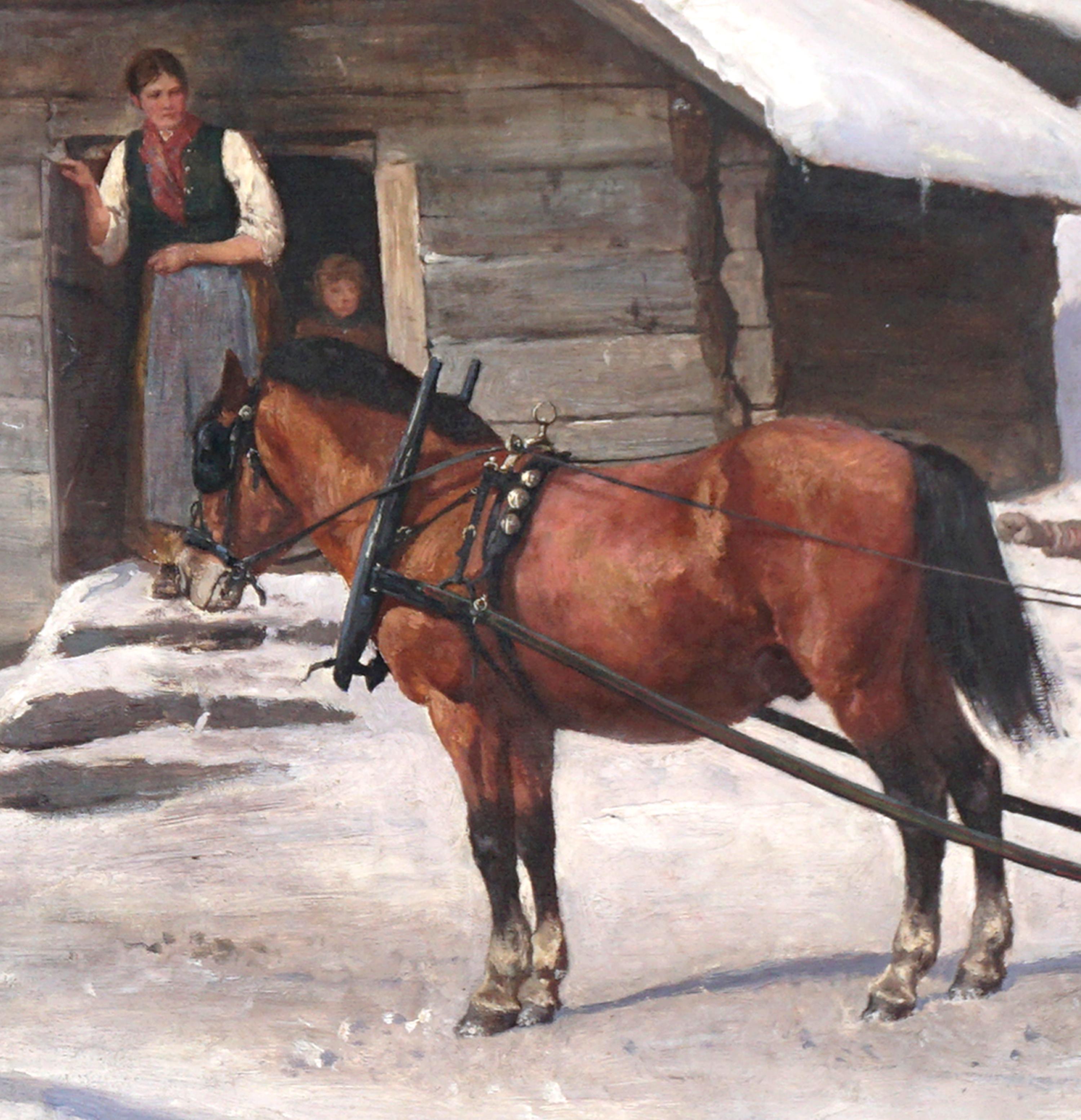 Wonderful turn-of-20th-Century winter's scene with horse sleigh and woman and son giving directions to the sleigh driver by Alex Hijalmar Ender (Norwegian, 1853-1920), circa 1880-1900 in an original CW Blomqvist period giltwood and gesso frame.