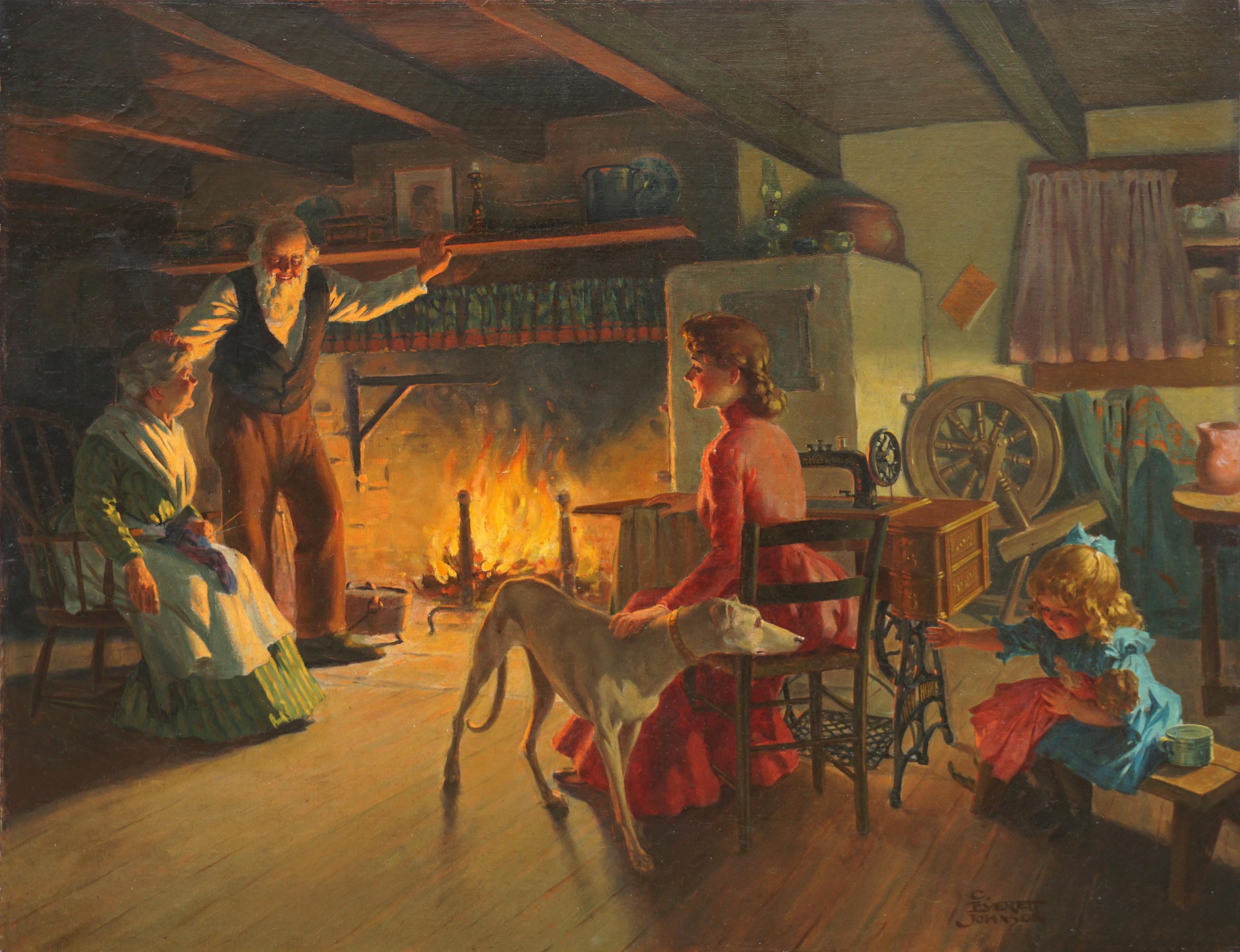 „The Family Hearth“ – Cozy Interior Figurative Szene aus der Jahrhundertwende  – Painting von Charles Everett Johnson