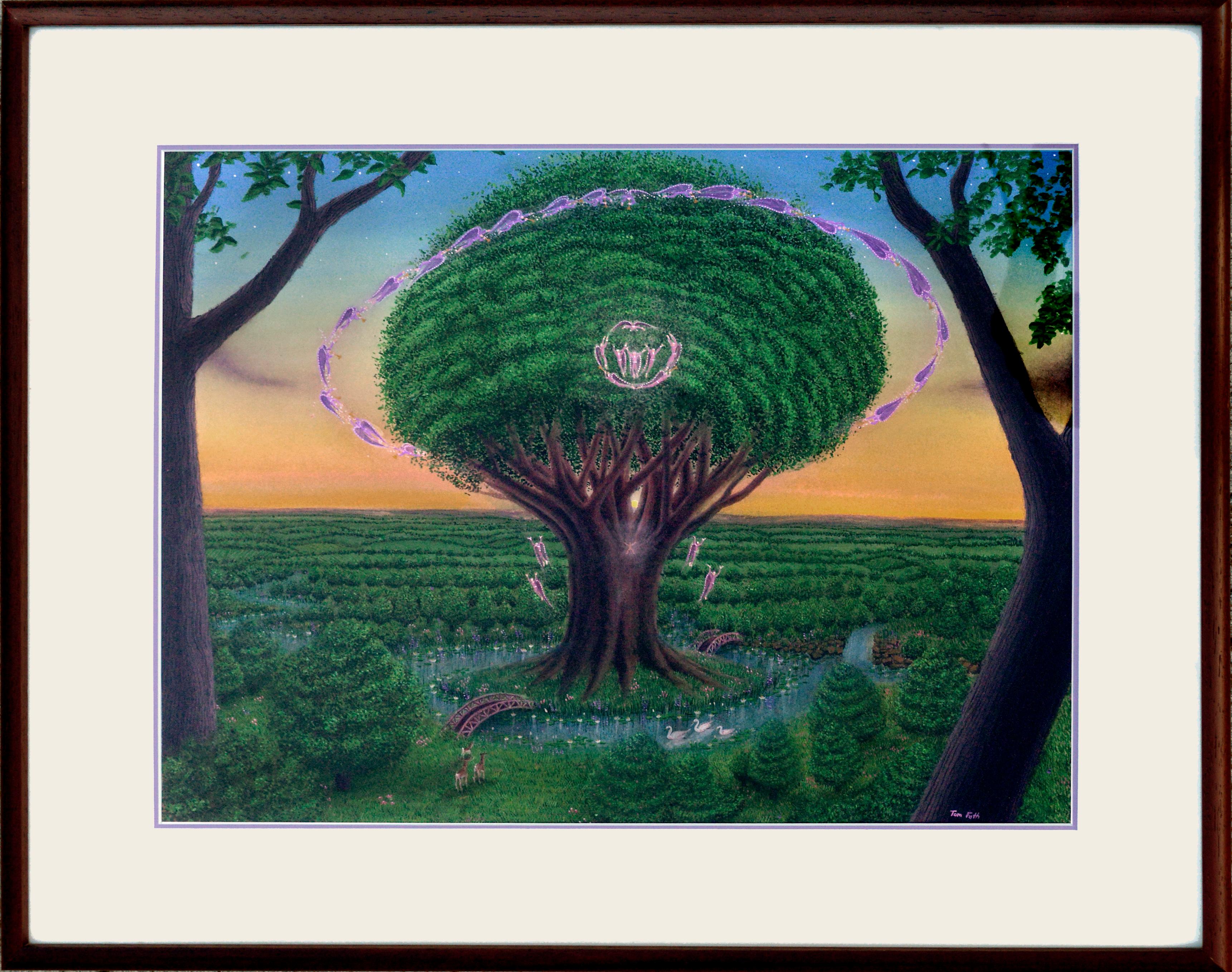 Expresiva pintura visionaria en acuarela y gouache del Árbol de la Vida, de Tom Fath (estadounidense, siglo XX). Firmado abajo a la derecha "Tom Fath" y en el reverso del papel. Expuesto: 2017 "Las Mentes I" Dalton-Warehouse Los Angeles. Imagen de