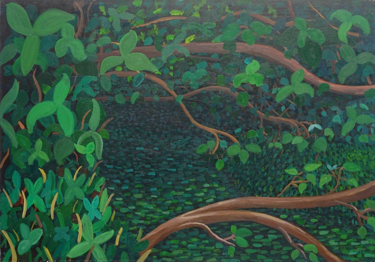 Wonderful large scale landscape of rain forest by J.D. Sneed (American, 20th Century), 2000. Signed and dated lower right corner and on verso. Condition: one repair done by the artist at the request of the previous owner (see images); corner wear