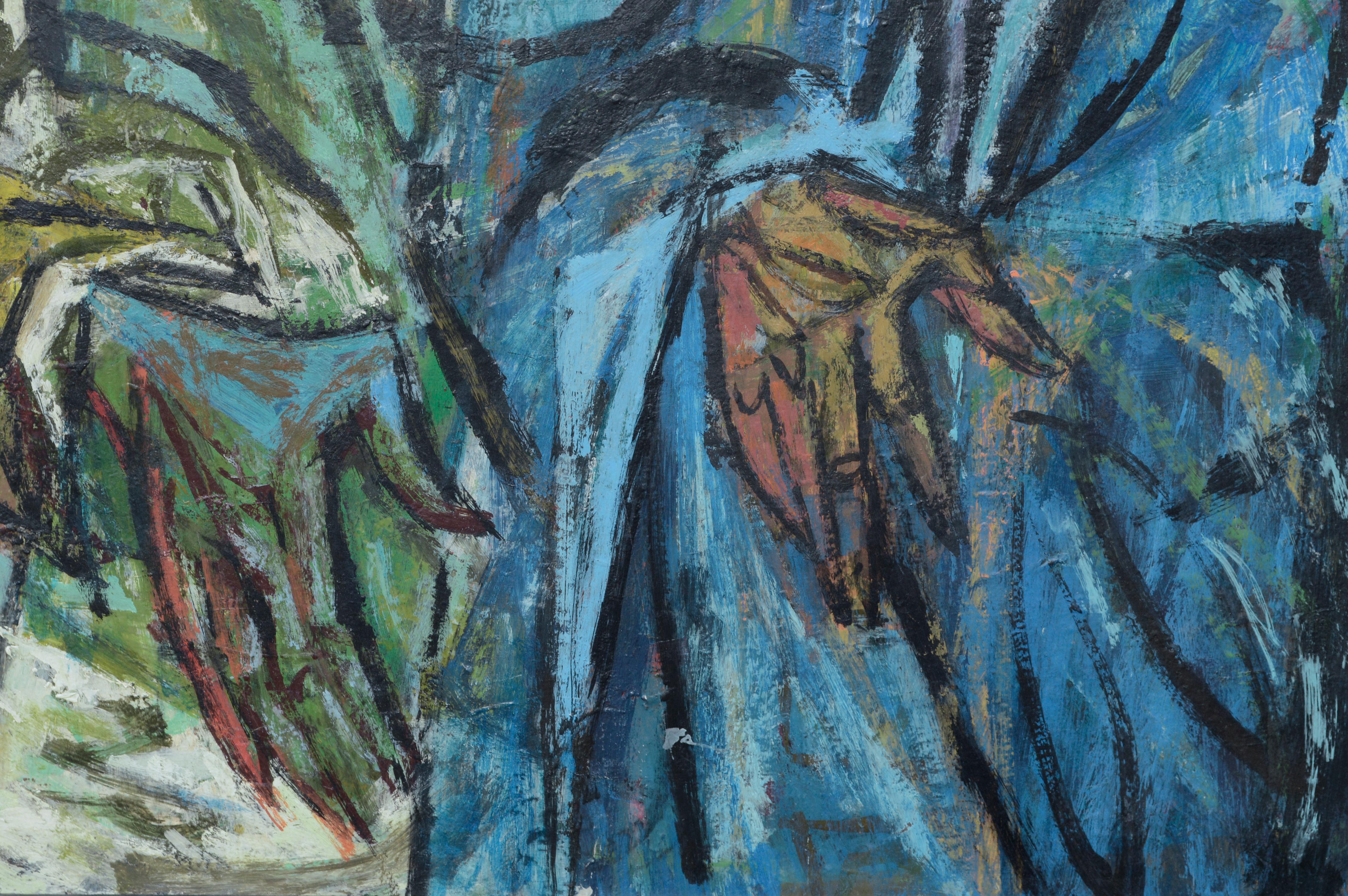 Buntes modernistisches Porträt eines Paares aus der Mitte des Jahrhunderts aus dem Mittleren Osten von Gail Cole (Amerikaner:: 1914-1968). Signiert „Gail Cole“ in der linken unteren Ecke. Auf der Rückseite sind „Faith“ „(Oil)“:: „Gail Cole“ und „5“