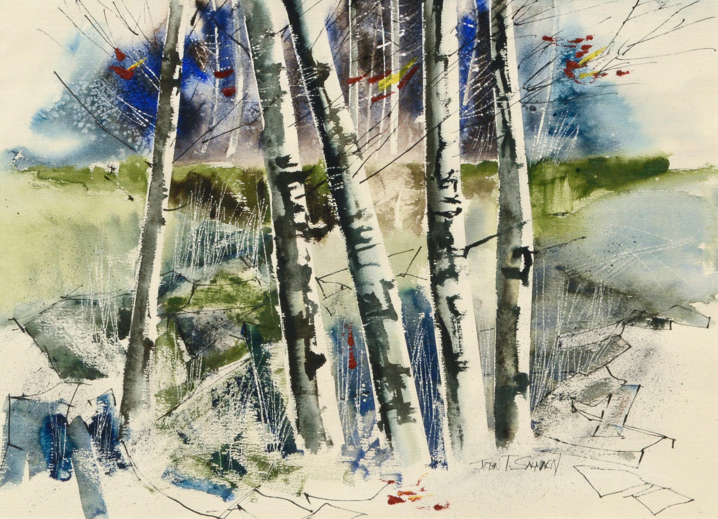 Birch Trees - Landscape in Watercolor on Paper by John Salminen - Art by John T. Salminen
