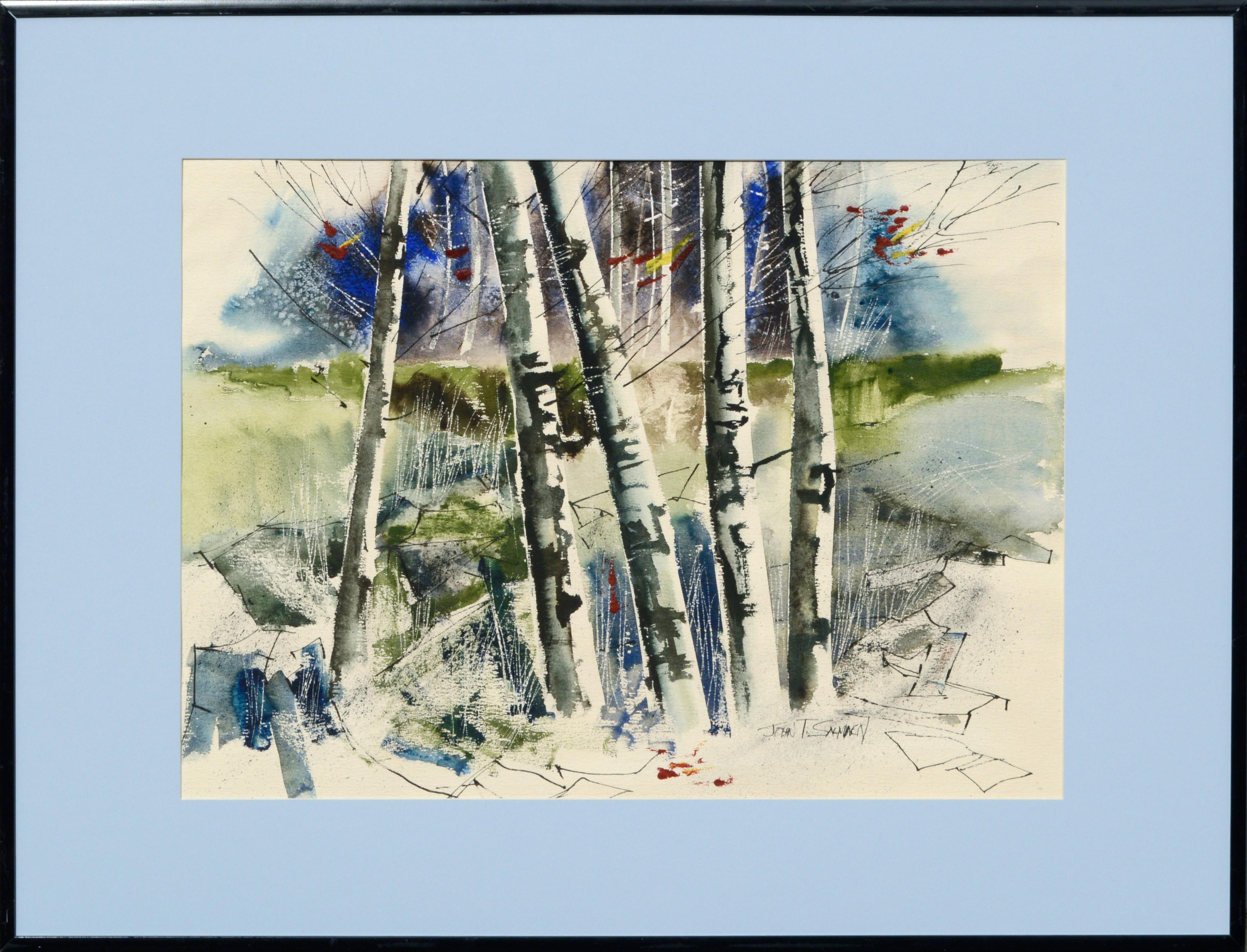 John T. Salminen Landscape Art - Birch Trees - Landscape in Watercolor on Paper by John Salminen