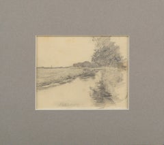 Reflections in the Pond, Late 19th Century Landscape Pencil Drawing
