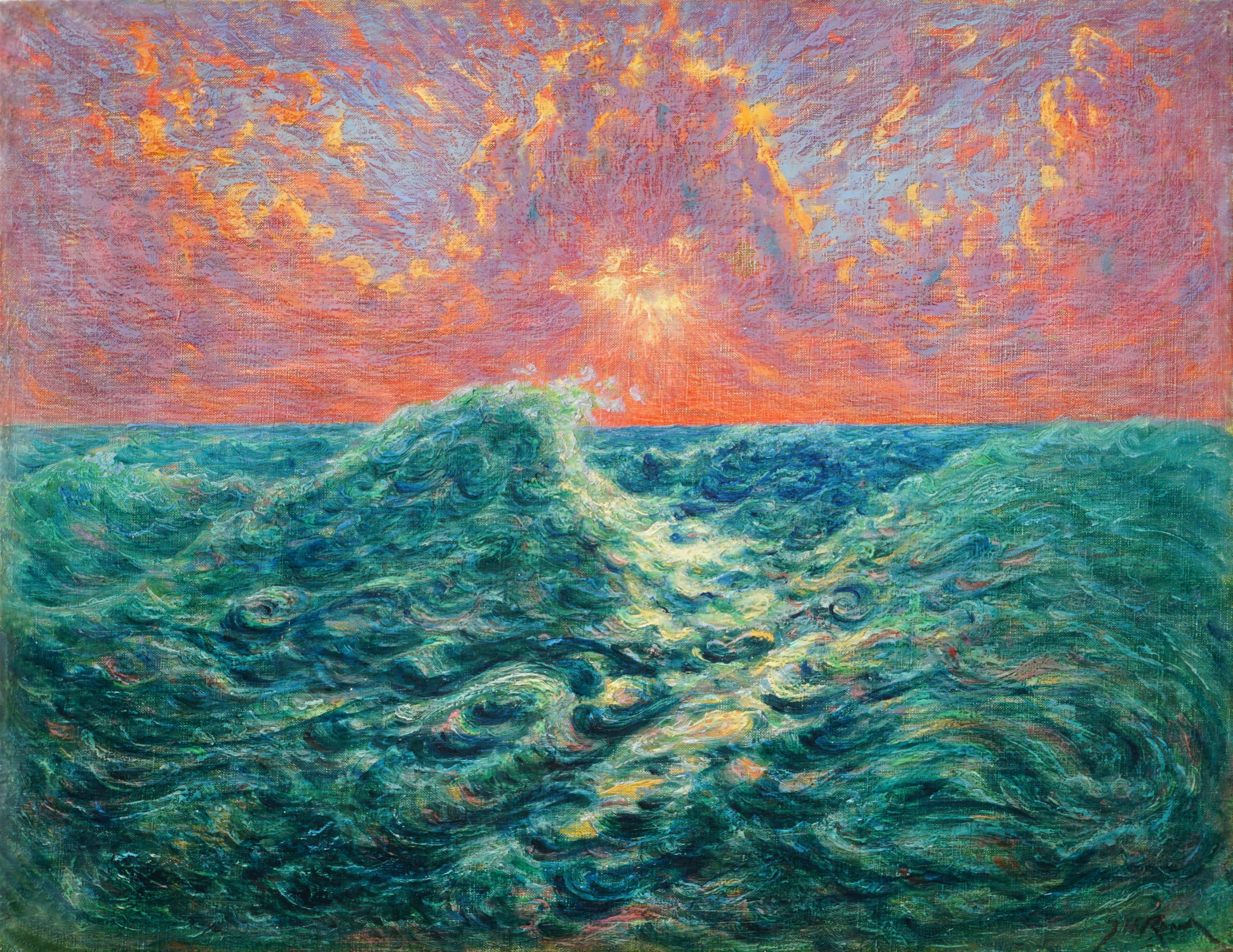 Fauvist Ocean Wave and Sunset, 1920's Seascape 